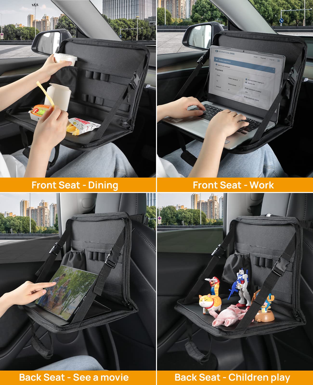 JOYTUTUS 3 in 1 Car Steering Wheel Tray, Black Leather Laptop Desk, 16.1''x10'', Multifunctional Organizer for Kids & Commuters