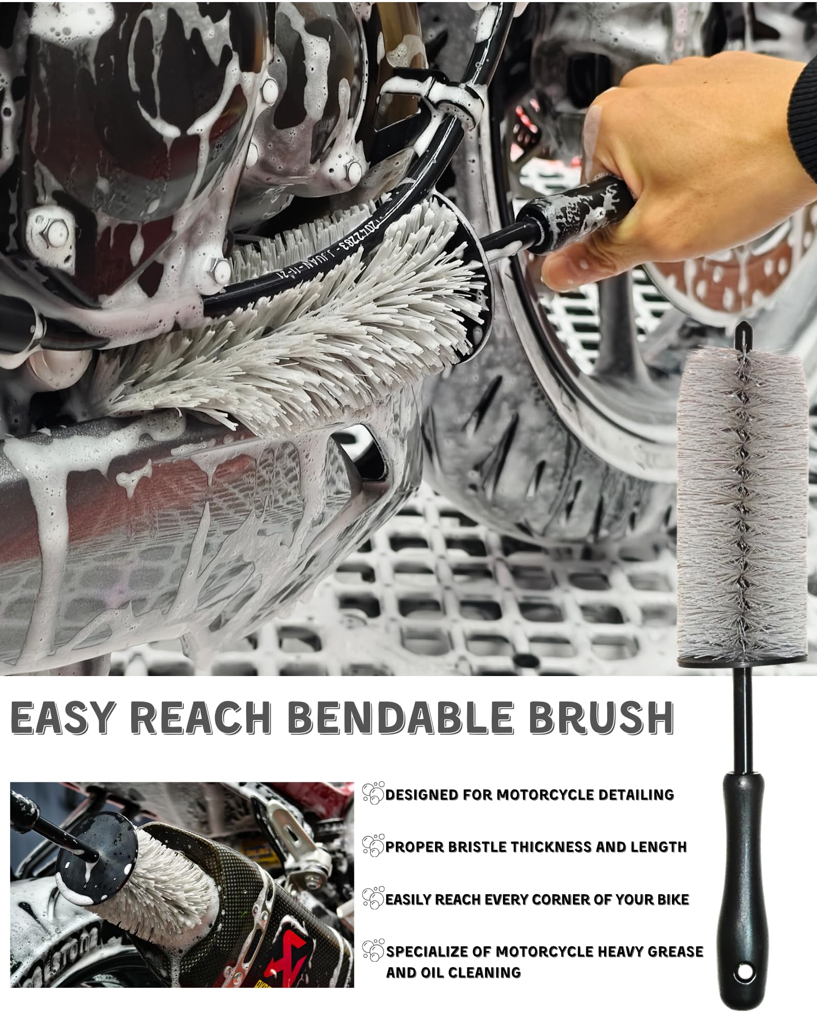 oesee Motorcycle Cleaning Kit - 8 Pack with Chrome Safe Products, Brushes & Towels - Model MCK008, Grey