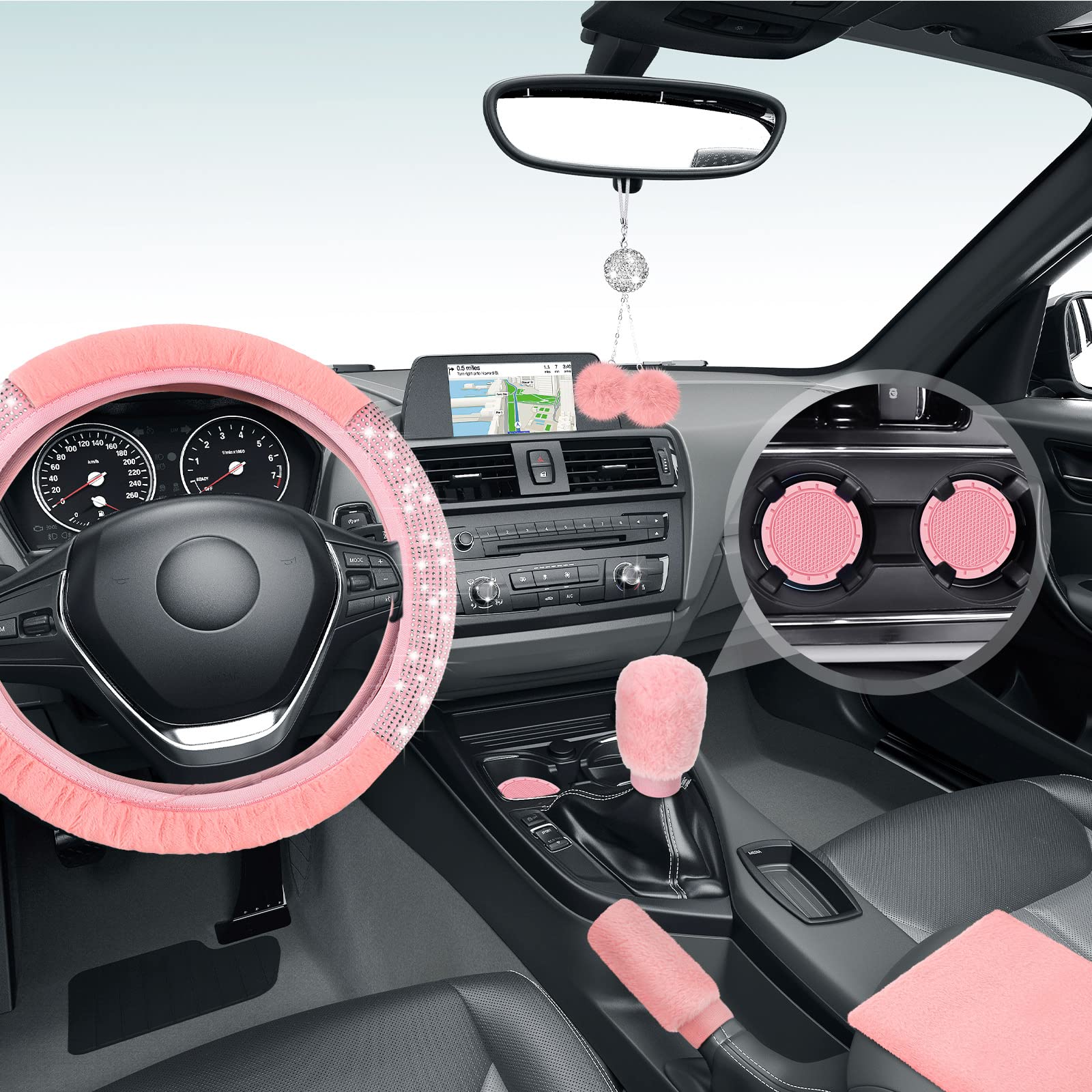 10 Pcs Pink Car Accessories Set, Pink Steering Wheel Cover Fluffy Armrest Box Mat Handbrake Cover Seat Belt Shoulder Pads Gear S