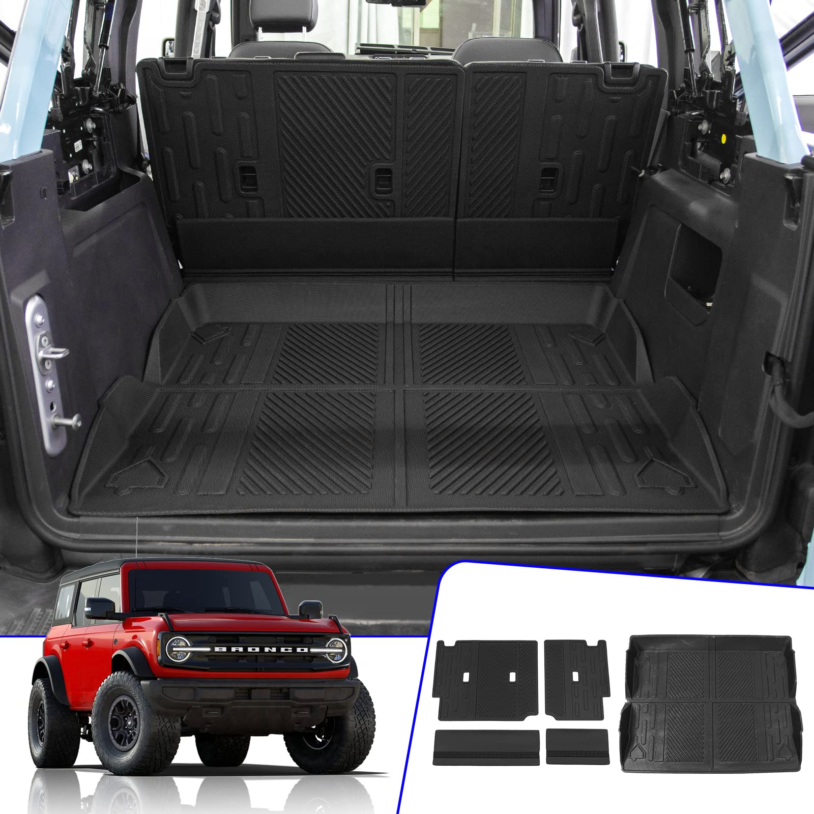 Rongtaod Cargo Mat for 2021-2024 Ford Bronco 4 Door - TPE Trunk Mat & Backrest Mats, Durable Protection, Black