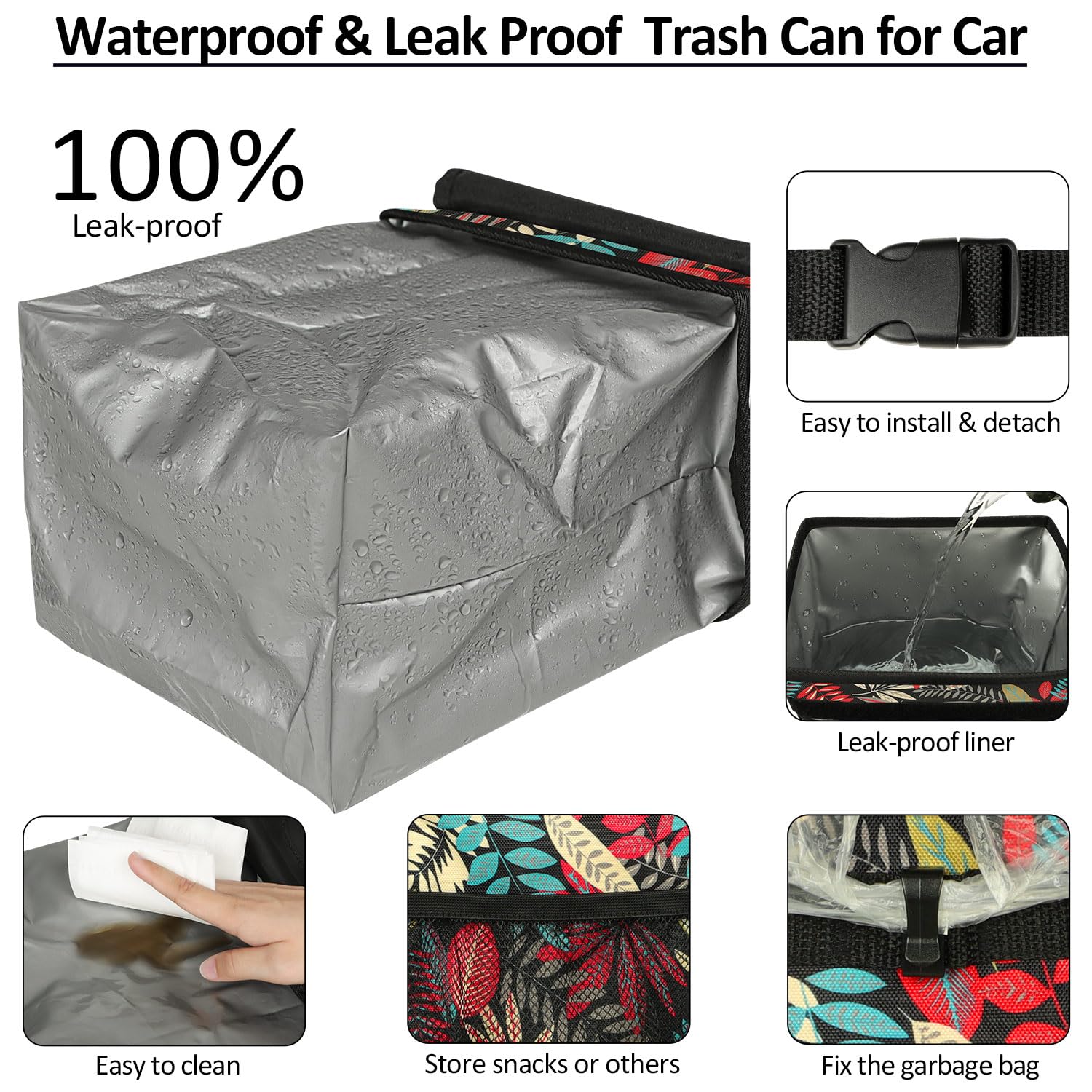 ELONGRIVER Car Trash Can Bin, 2 Gallon Leak Proof Polyester, Red Leaves, Model 220908-9, Hanging Vehicle Garbage Bag for SUV Truck Van