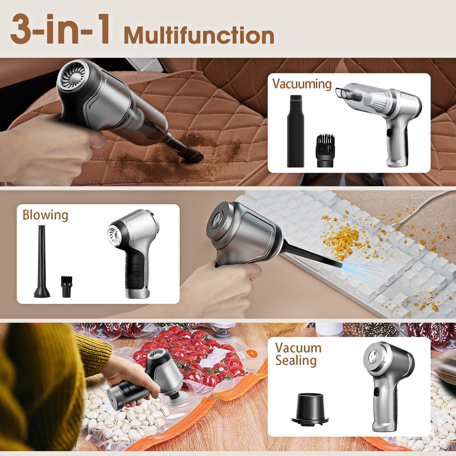 Mini Car Vacuum Cleaner High Power, 3 in 1 Handheld Portable Vacuum, 3 Washable Filters Strong Suction for Car Home Keyboard and
