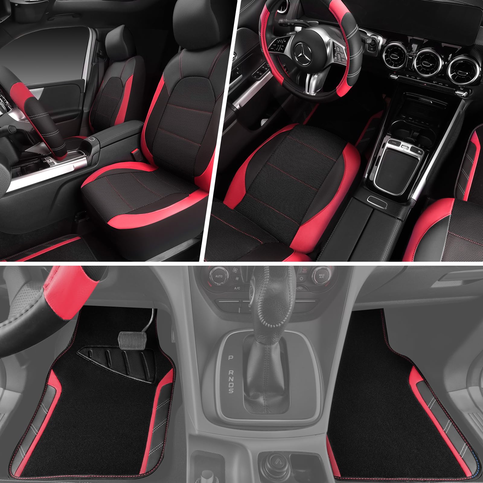 CAR PASS Air Mesh Leather Car Seat Covers & Floor Mats, Waterproof, Universal Fit, Black and Red, Model FX067+JD067+121L2-RDZJ