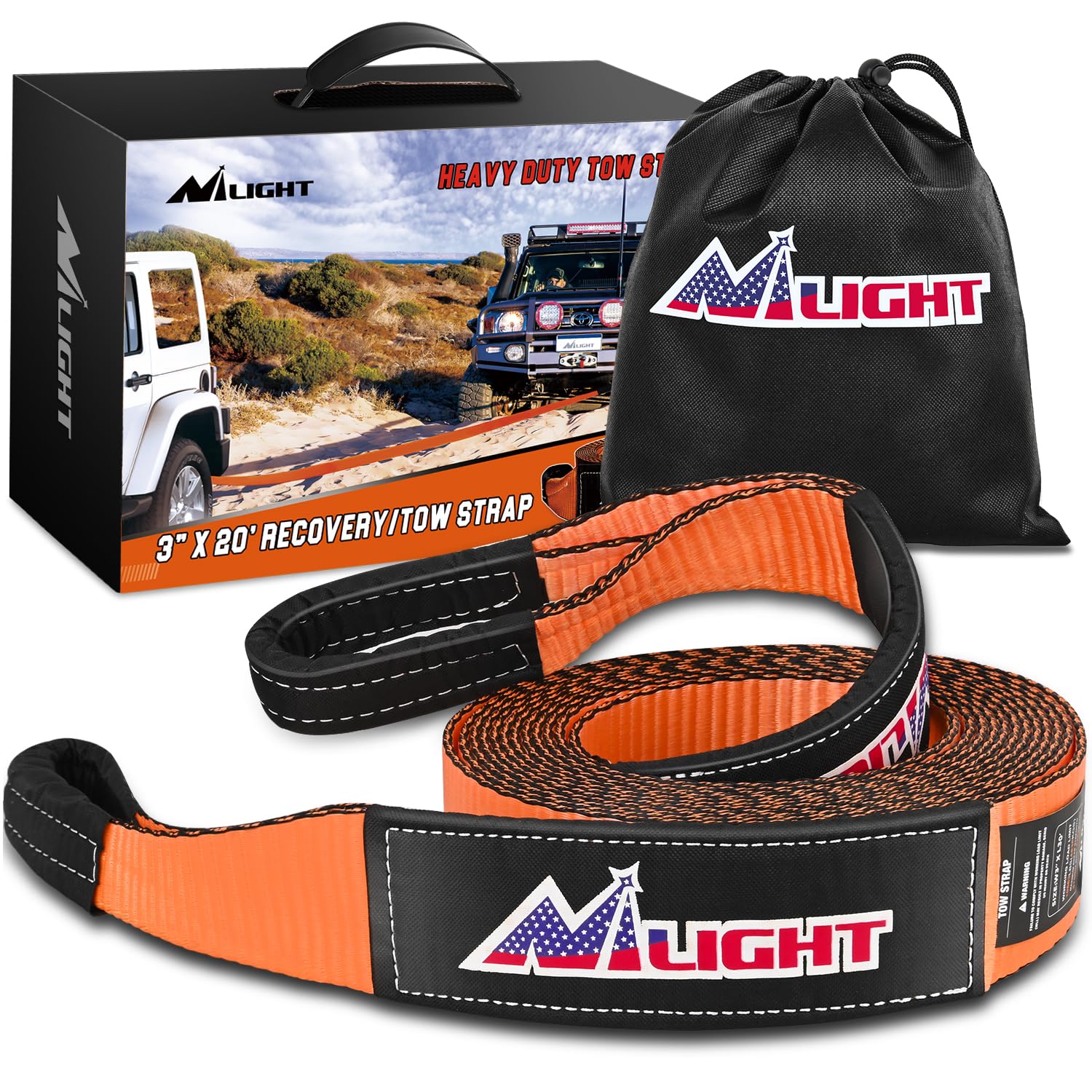 Nilight 3'' x 20' Recovery Tow Strap Lab Tested 31,500lbs Break Strength Heavy Duty Off Road Straps with Triple Reinforced Loop 
