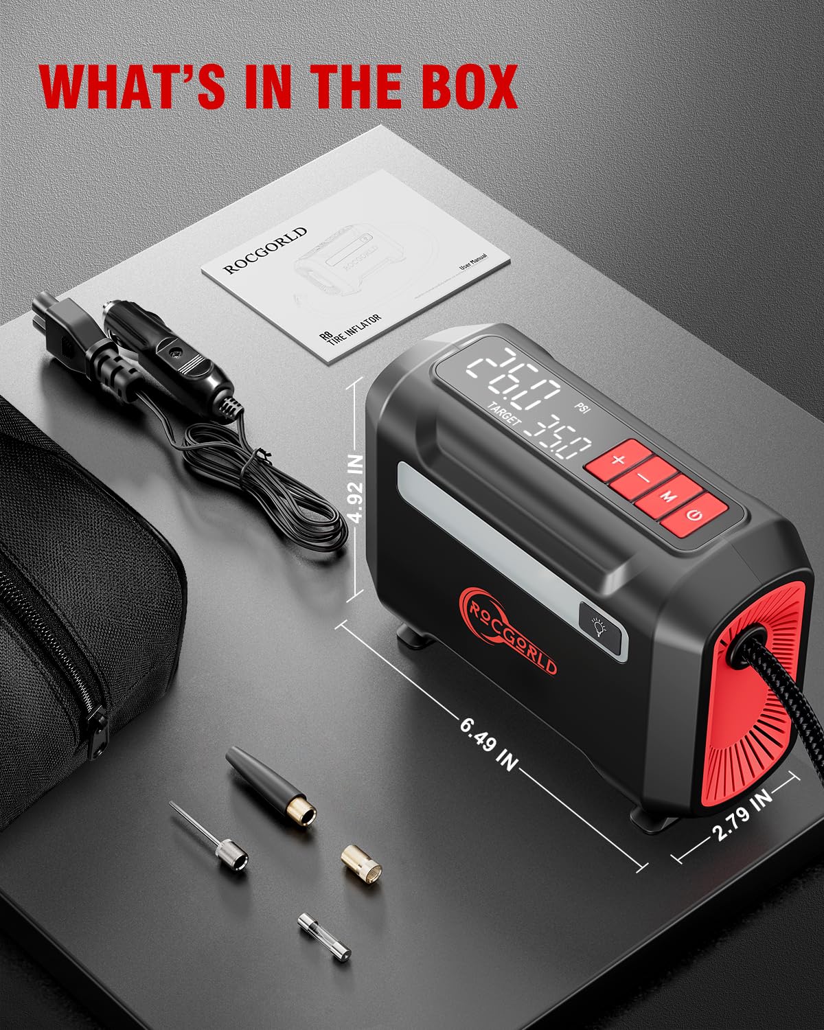 ROCGORLD R8 Portable Air Compressor - DC 12V Tire Inflator with Dual Digital Screen, Fast Inflation, Red, Plastic