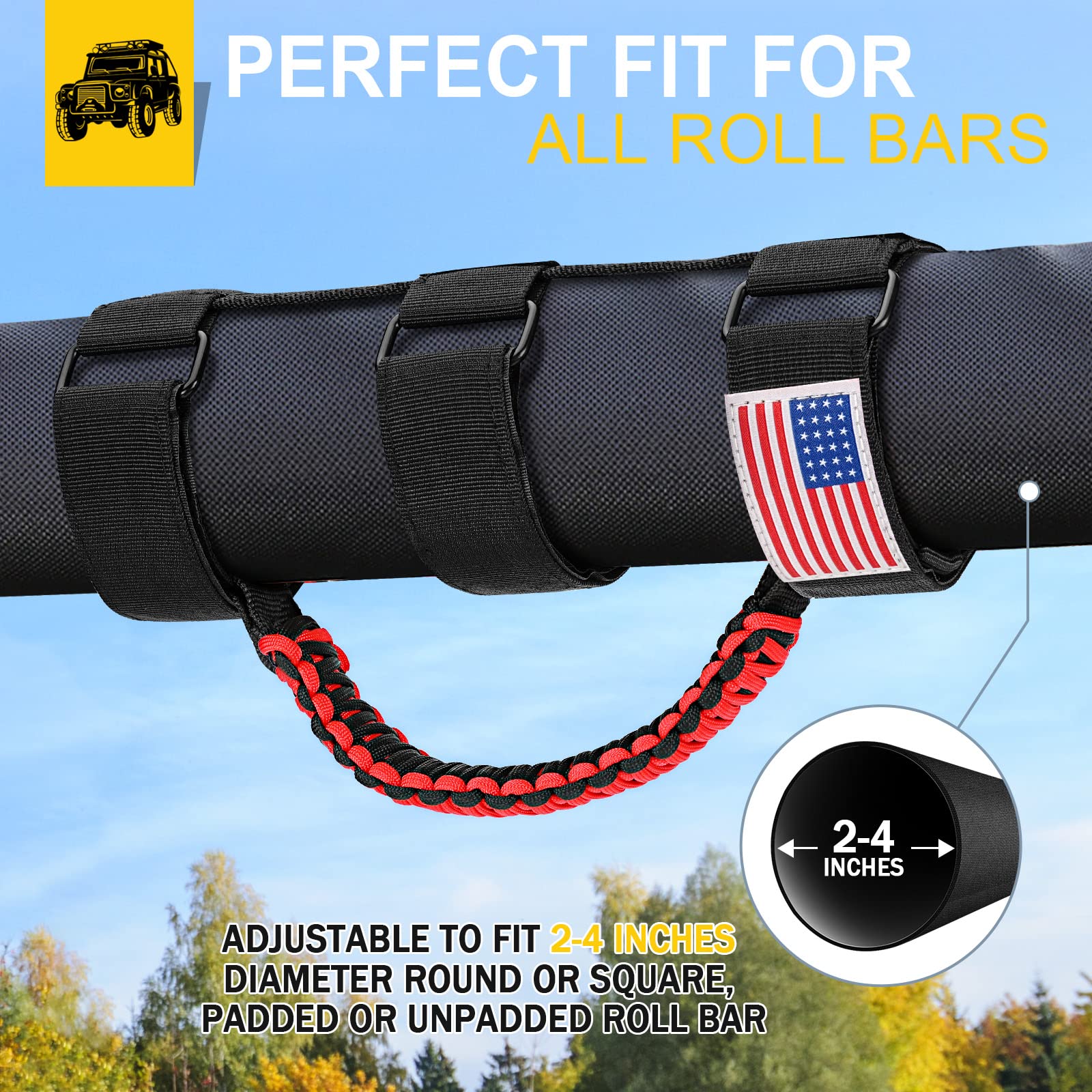 Moveland 4 Pack Roll Bar Grab Handles, Paracord Grip Handles For 1955-2023 Jeep Wrangler Jl, Jk, Tj, Yj & Jeep Gladiator Accessories - Upgrade Metal Buckle, Strong & Durable (Red)