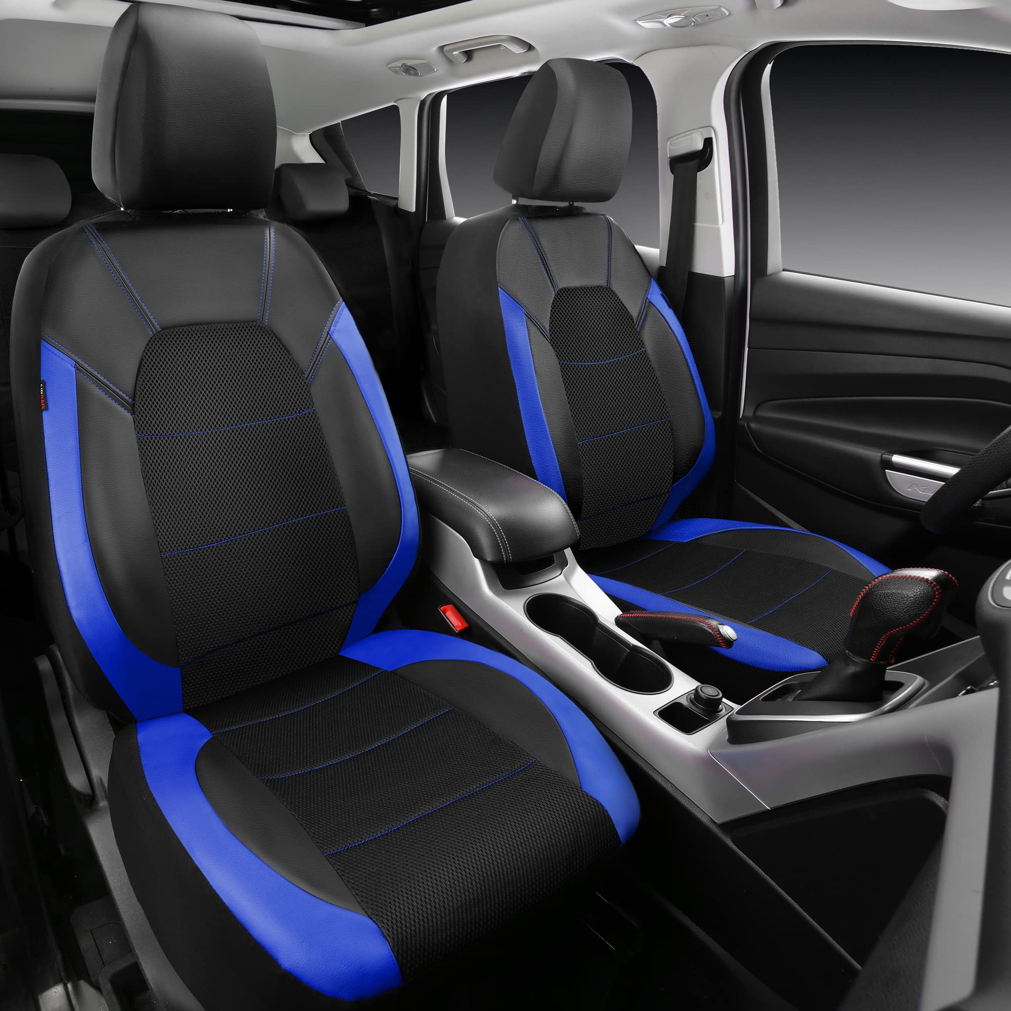 CAR PASS Universal Leather Front Seat Covers - Airbag Compatible, Black and Blue, Polyester, Model zt-0121-3, Fits Most Cars, SUVs, Trucks, Vans