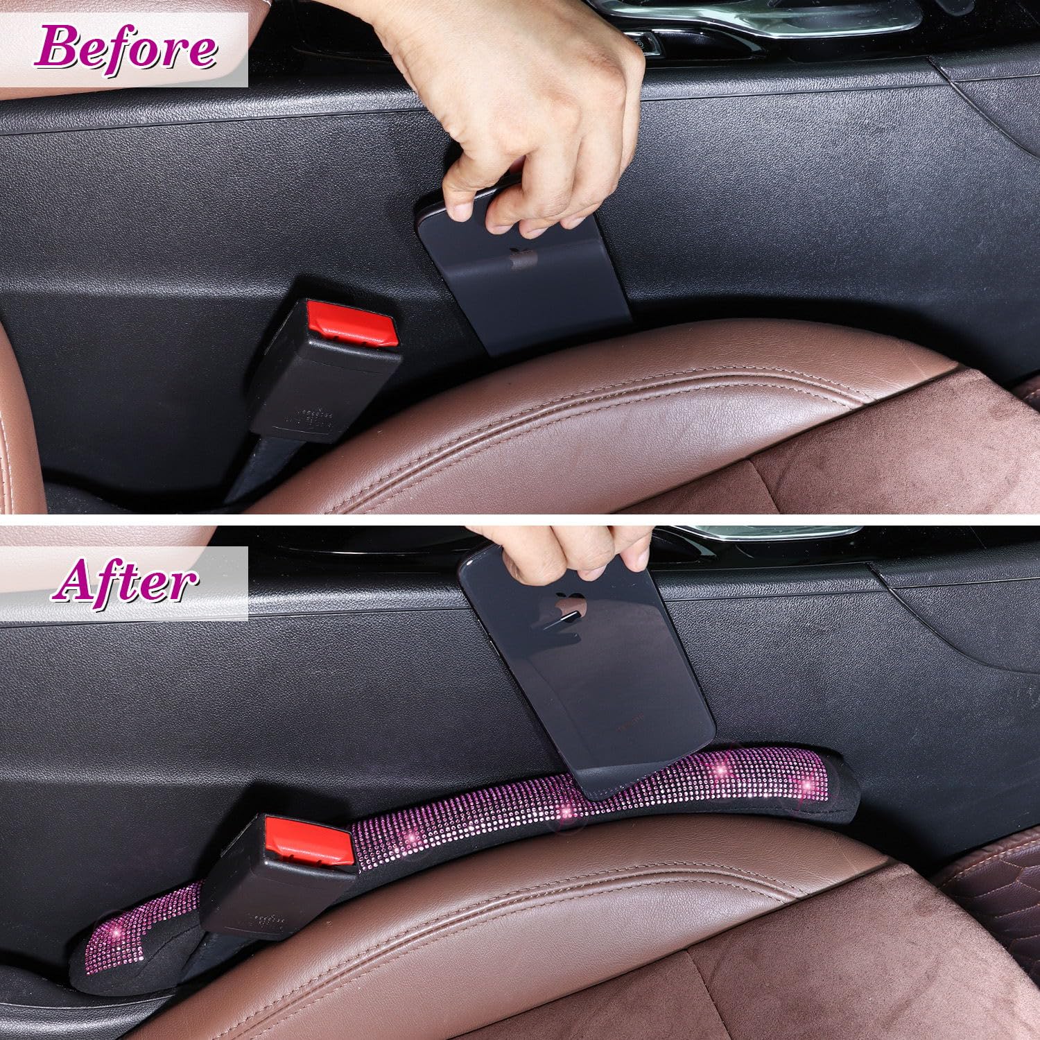 ToBeQueen Bling Pink Car Seat Gap Filler 2 Pack - Universal Fit for Car SUV Truck, Handmade Crystal Rhinestone Pink Accessories