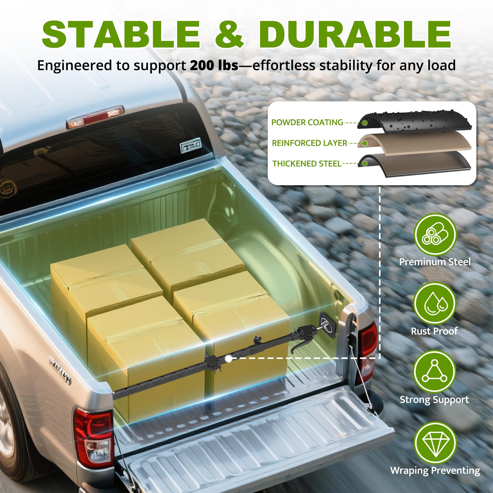 XINQIAO Adjustable Truck Bed Cargo Bar with Net & Divider, 39.4" to 70.8", 200 LB Capacity, Model XQDG002