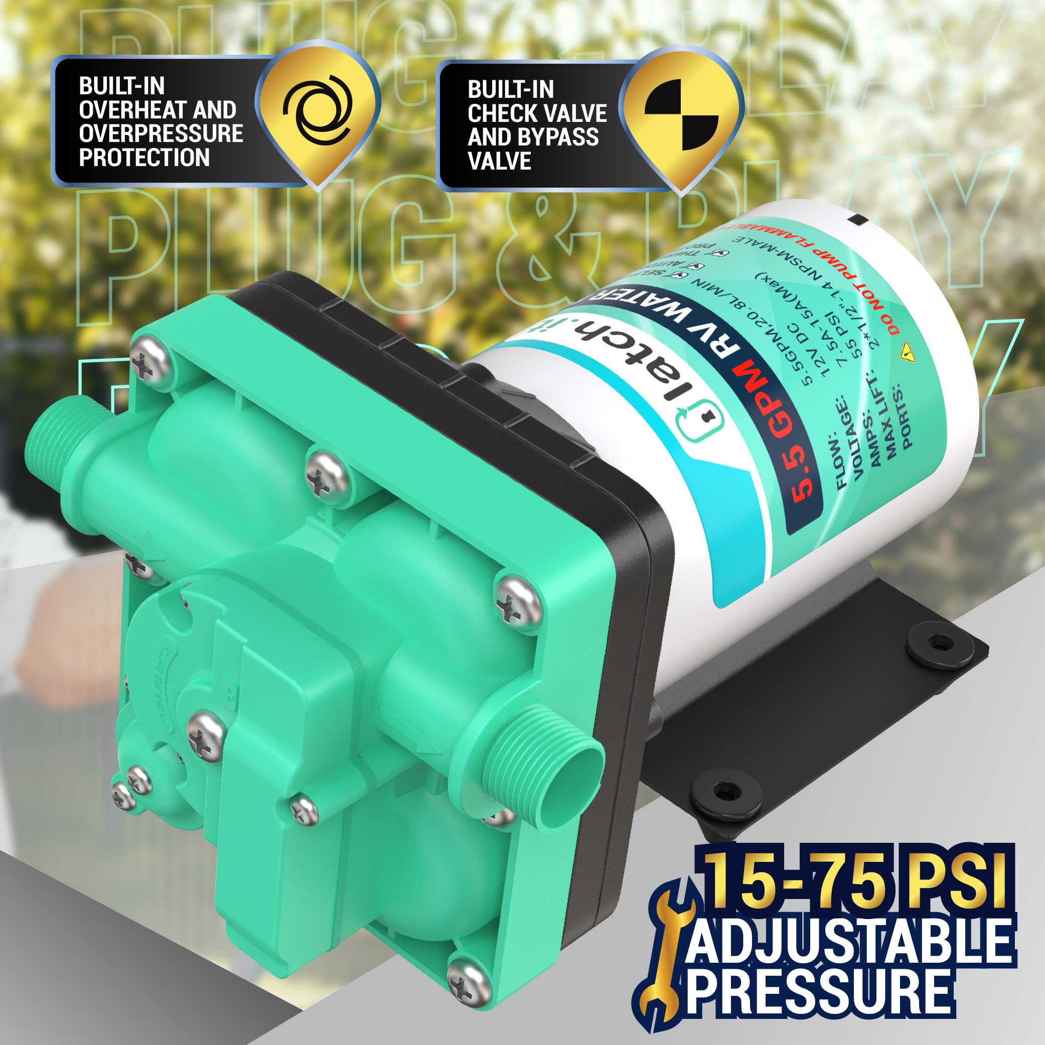 LATCH.IT 12V RV Water Pump | 5.5 GPM, 50 PSI, Self-Priming, Quiet | Stainless Steel, Green, Model LATWP02