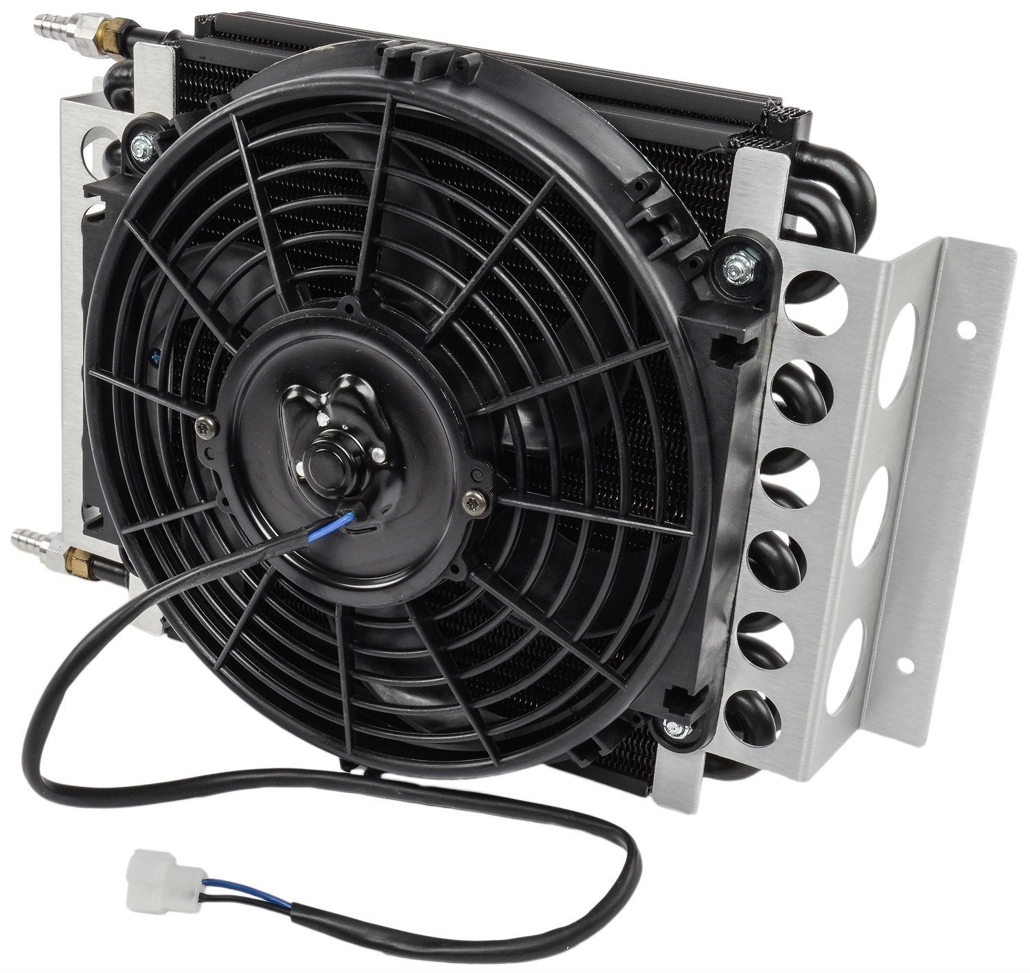 Derale Fluid Cooler and Fan, Tube Type, 15-3/4 x 11-1/2 x 5 in, 6 AN Male Inlet/Outlet, Aluminum/Copper,