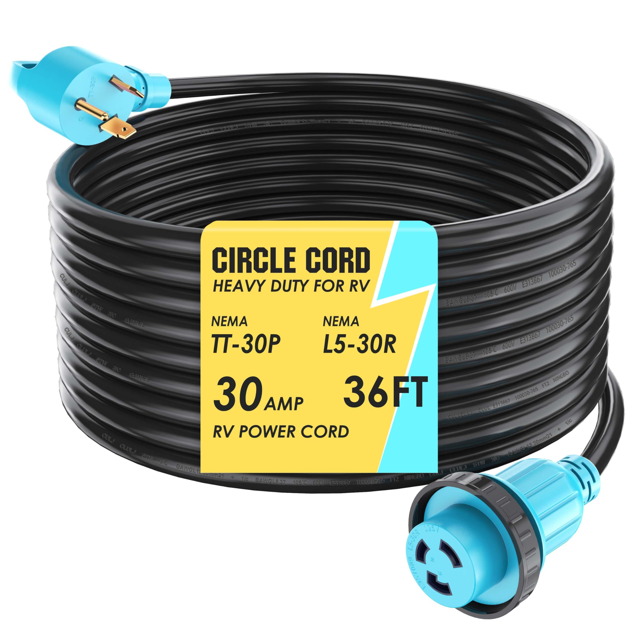 Circlecord 30 Amp 36 Feet Rv Power Cord Twist Locking, Heavy Duty 10 Gauge 3 Wire Stw Pure Copper Wire With Grip Handle, Tt-30P