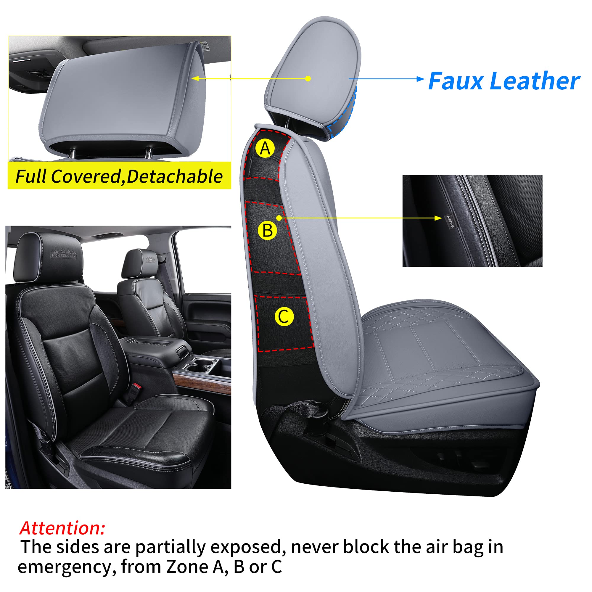 LUCKYMAN CLUB Front Seat Cover for Chevy Silverado/Sierra, Gray Faux Leather, 2007-2025, X04-S3, Water Resistant, Fits Crew/Regular Cabs
