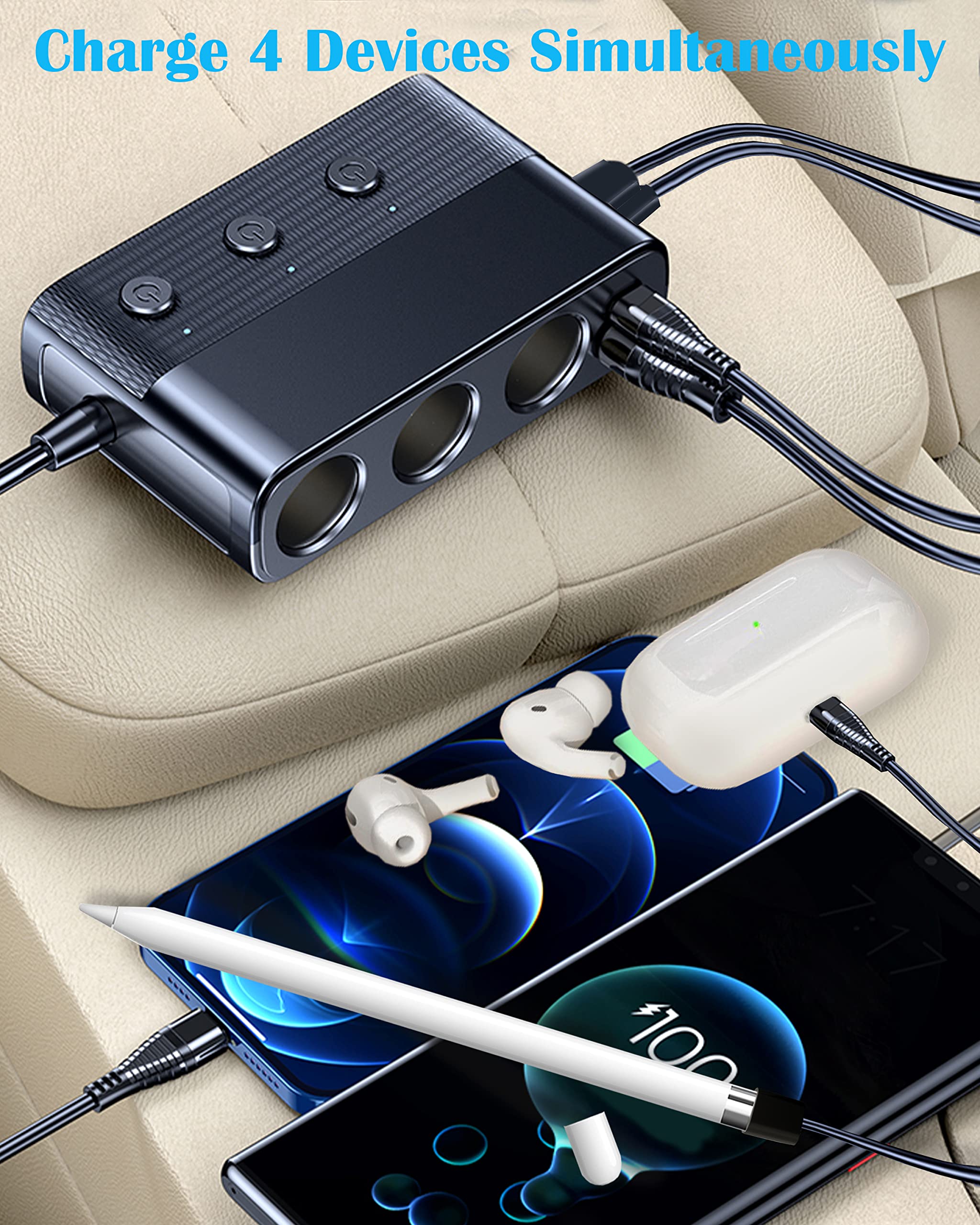 LIHAN Cigarette Lighter Splitter,3 Socket Car Charger Adapter, Type-C QC3.0 PD 30W Charging, Dual USB Charging Ports, Independen