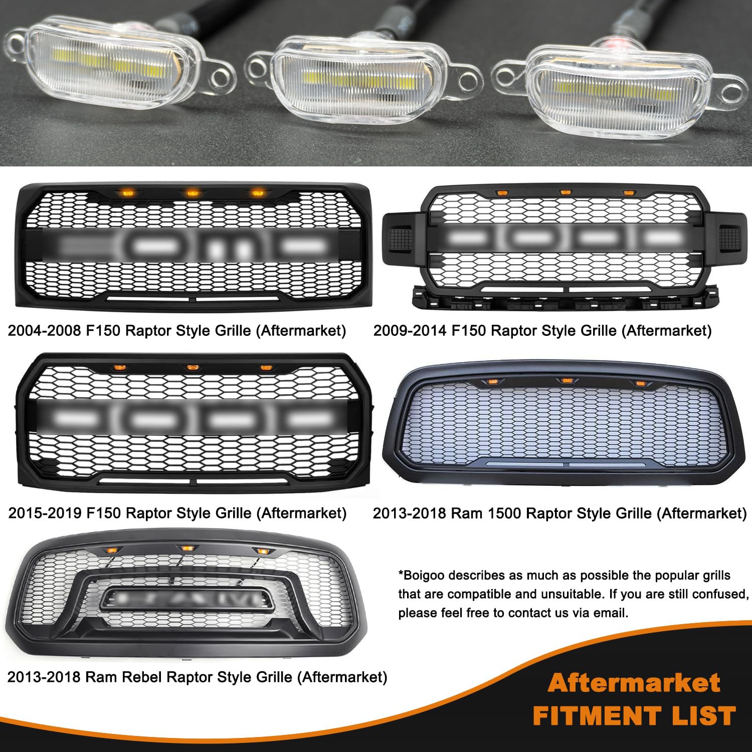 Boigoo Front Grilles Marker Lights 3Pcs 4Led Compatible With Dodge Ram 1500 2013-2018 & Ford F-150 Raptor 2004-2019, Decorative Cars Grid Grilles (White - White Lens)