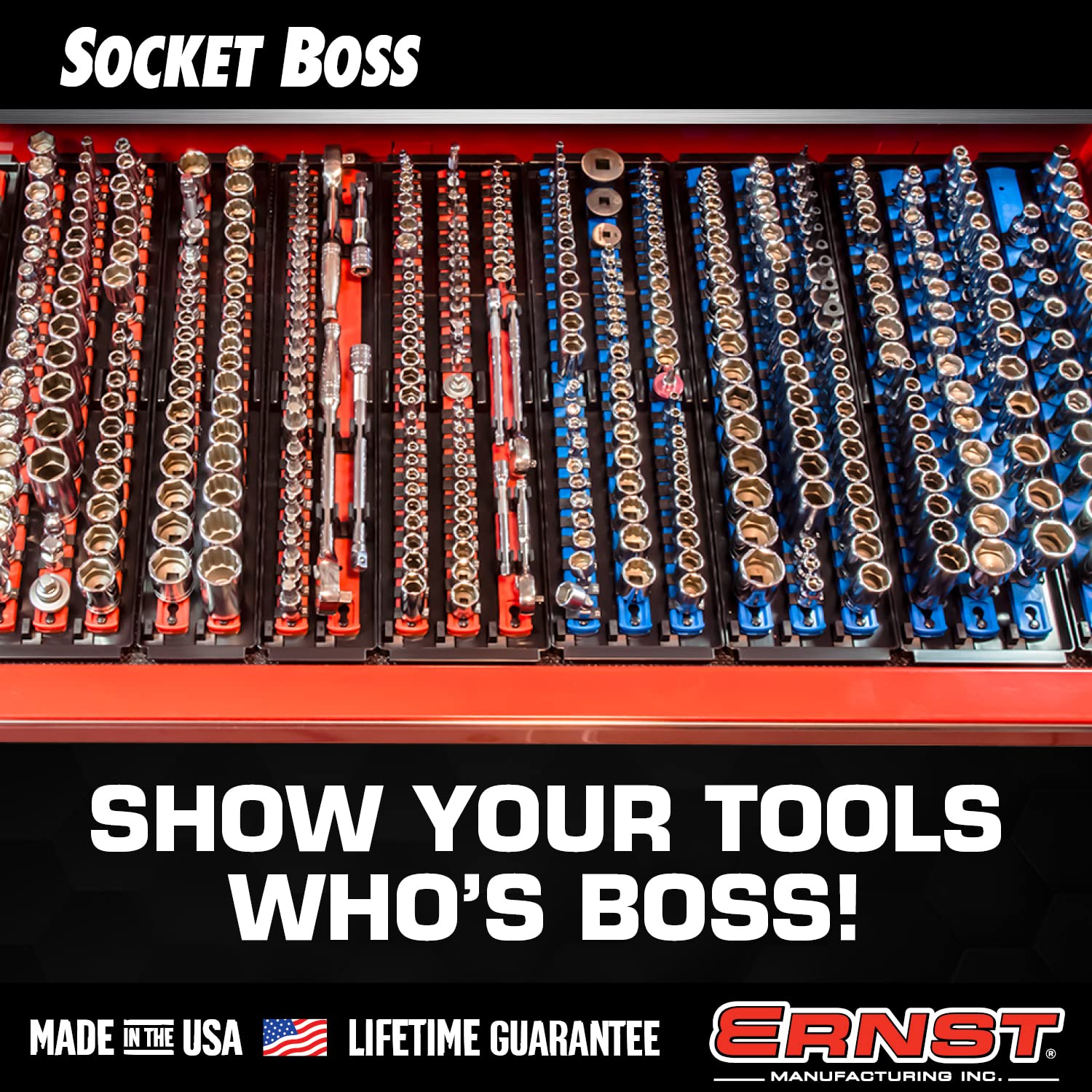 Ernst Manufacturing 8491 Socket Boss Multi-Drive Socket Organizer Tray with 13    Socket Rails, Blue - Drive Socket Storage Tray