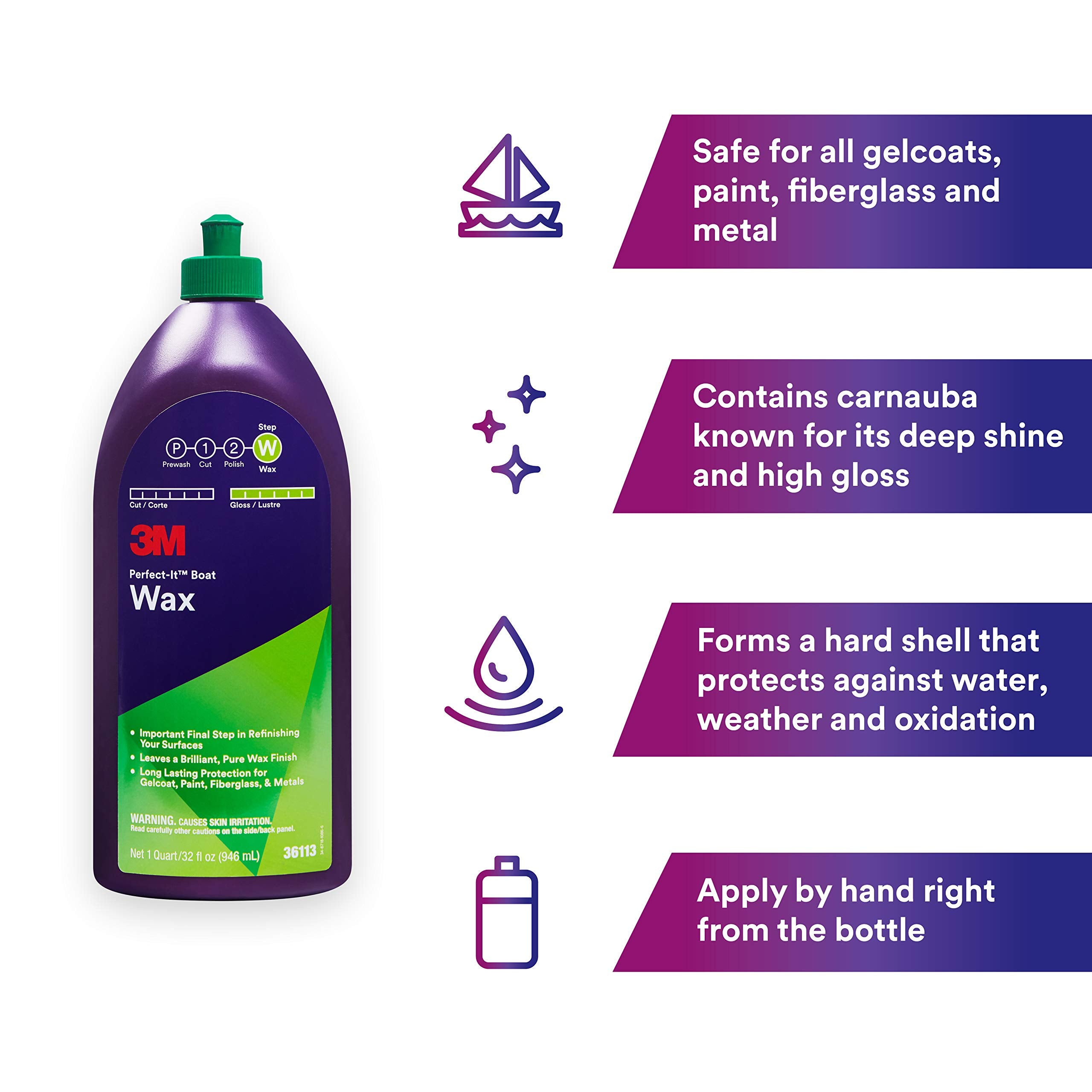 3M Perfect-It Boat Wax, 36113, 1 Quart, Contains Carnauba Wax, Protects Against Weather And Oxidation, For Boats And Rvs
