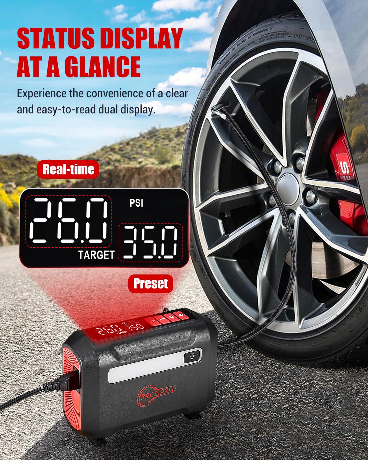 ROCGORLD R8 Portable Air Compressor - DC 12V Tire Inflator with Dual Digital Screen, Fast Inflation, Red, Plastic