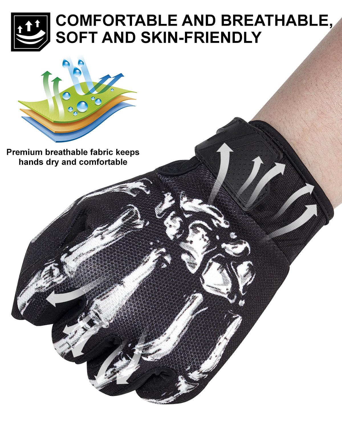 RIGWARL Men's Touchscreen Skeleton Gloves, Medium, White Skeleton, Spandex, for Motorcycle, Mountain Bike, Cycling, Motocross, ATV, BMX