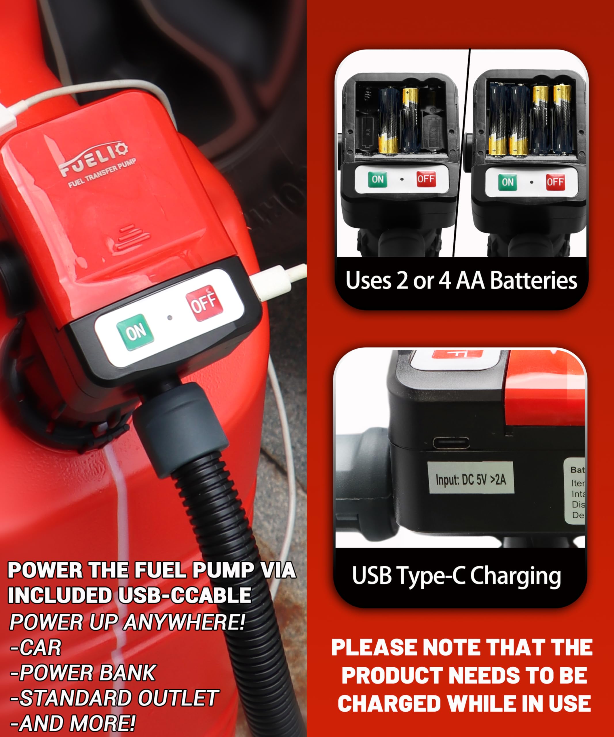 FUELIO Gas Can Pump - AA Battery Powered Fuel Transfer Pump with Auto Shut Off Nozzle, Fix Clip, Extra Long Hose, 3 Adapters, Ga