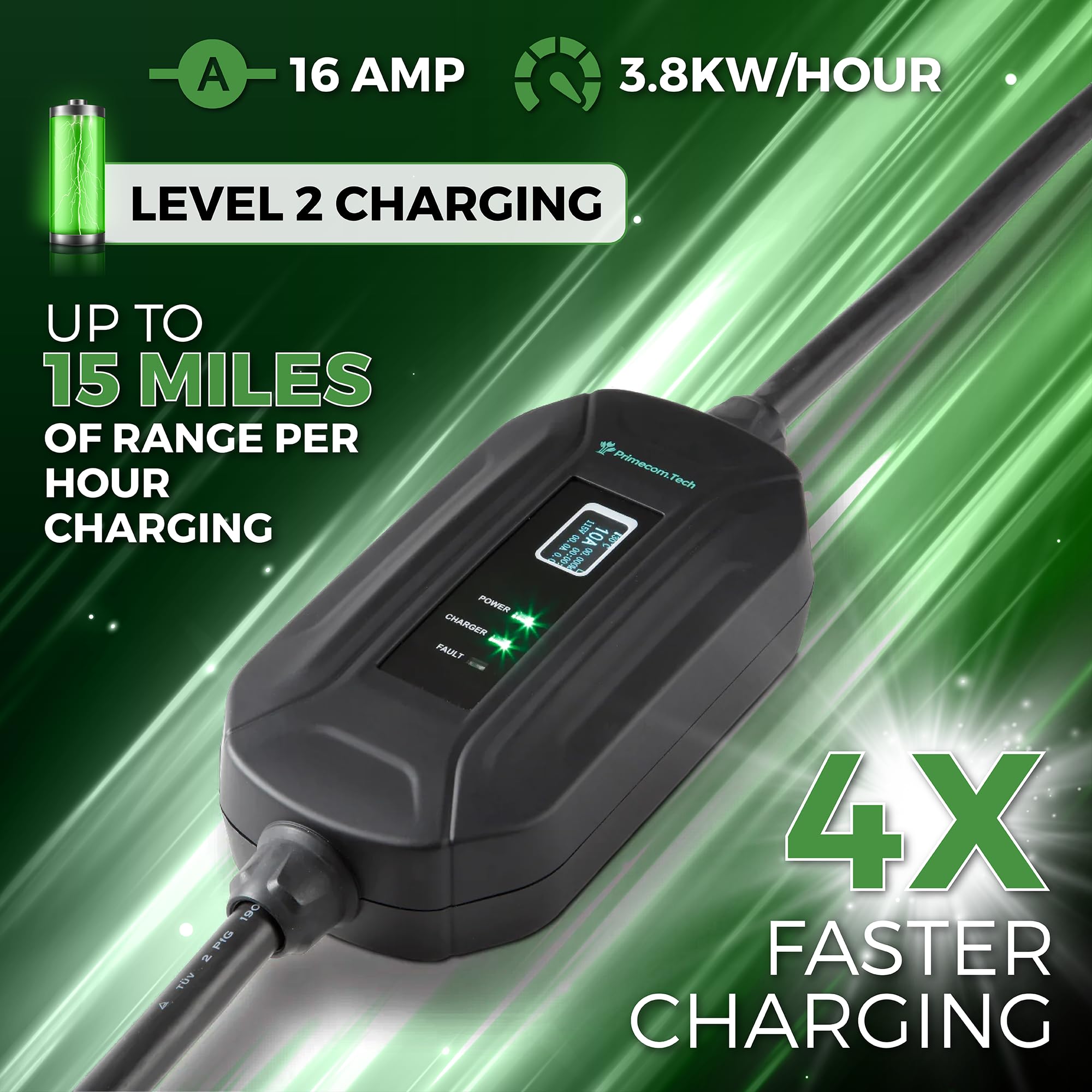 Primecom Level 2 Electric Vehicle (Ev) Charger (220V / 240Volt, 16Amp) Portable Evse Smart Electric Car Charger, 30', 40', And 50 Feet Lengths (Nema 14-50P, 50 Feet)
