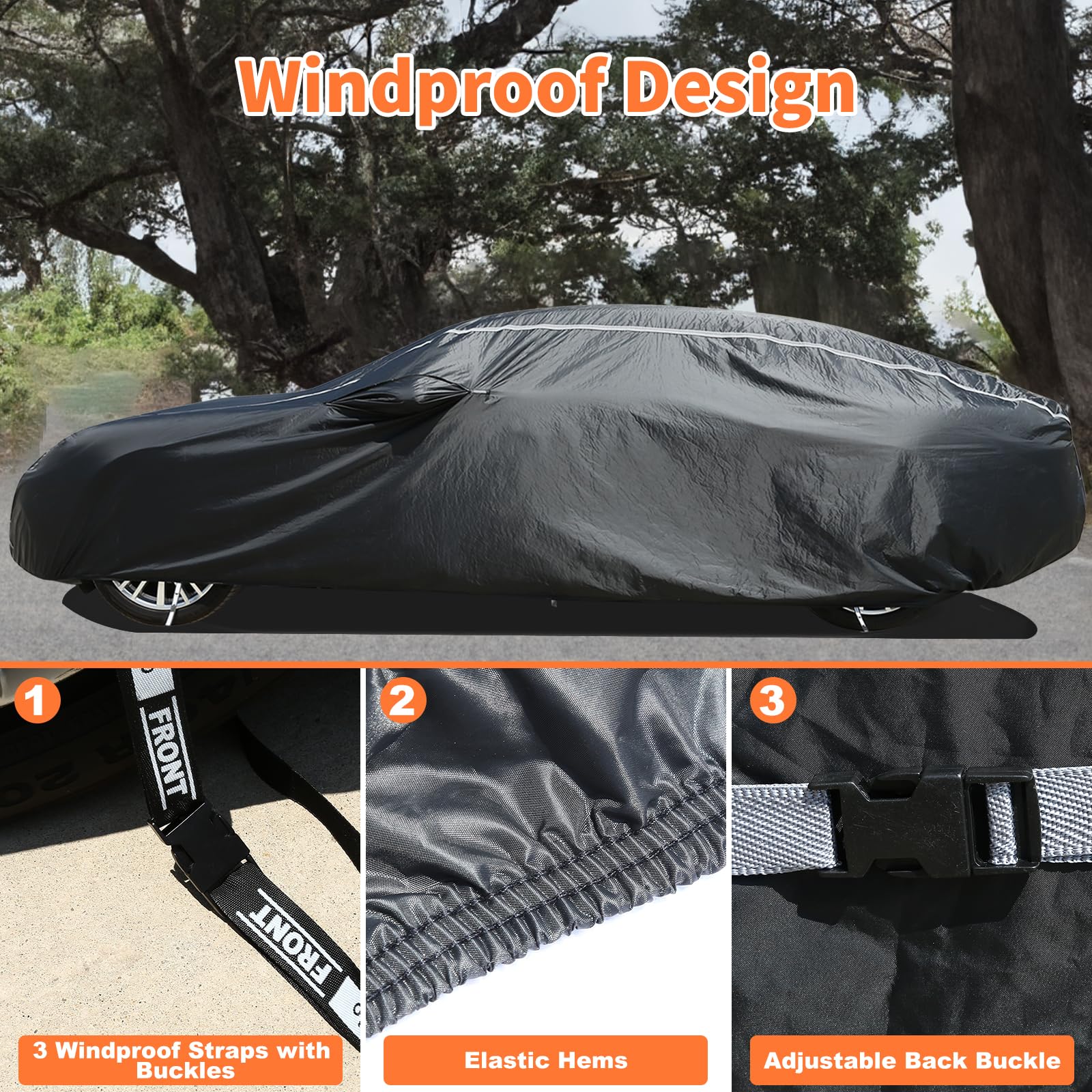 Coverado Waterproof Car Cover for Sports Cars, 173"-182", Black Cotton Lined, Heavy Duty Protection Against Rain, Snow, UV, Hail, Model CRCC3190T