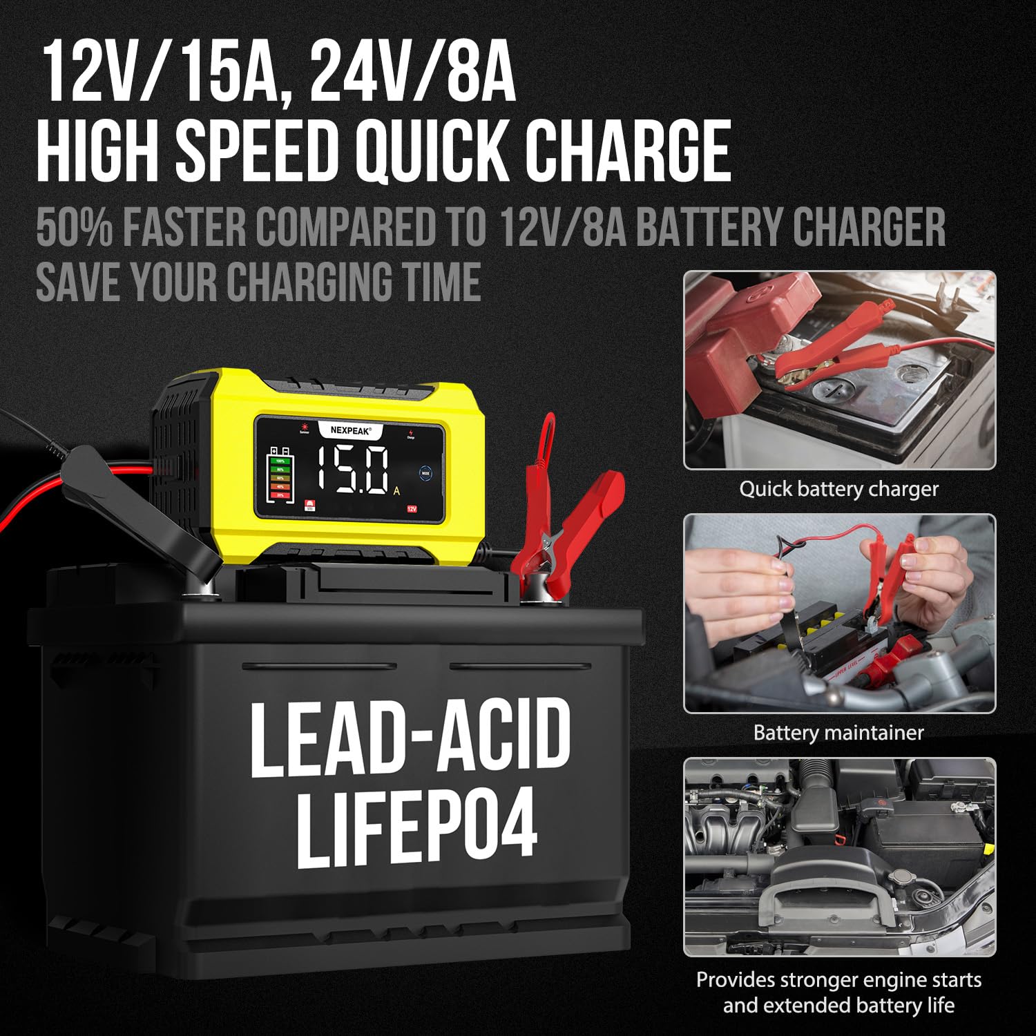 Nexpeak Nc215 15-Amp Battery Charger, Trickle Charger Car Battery Charger 12V 24V Lifepo4 Lead Acid Portable 9-Stage Smart Batte
