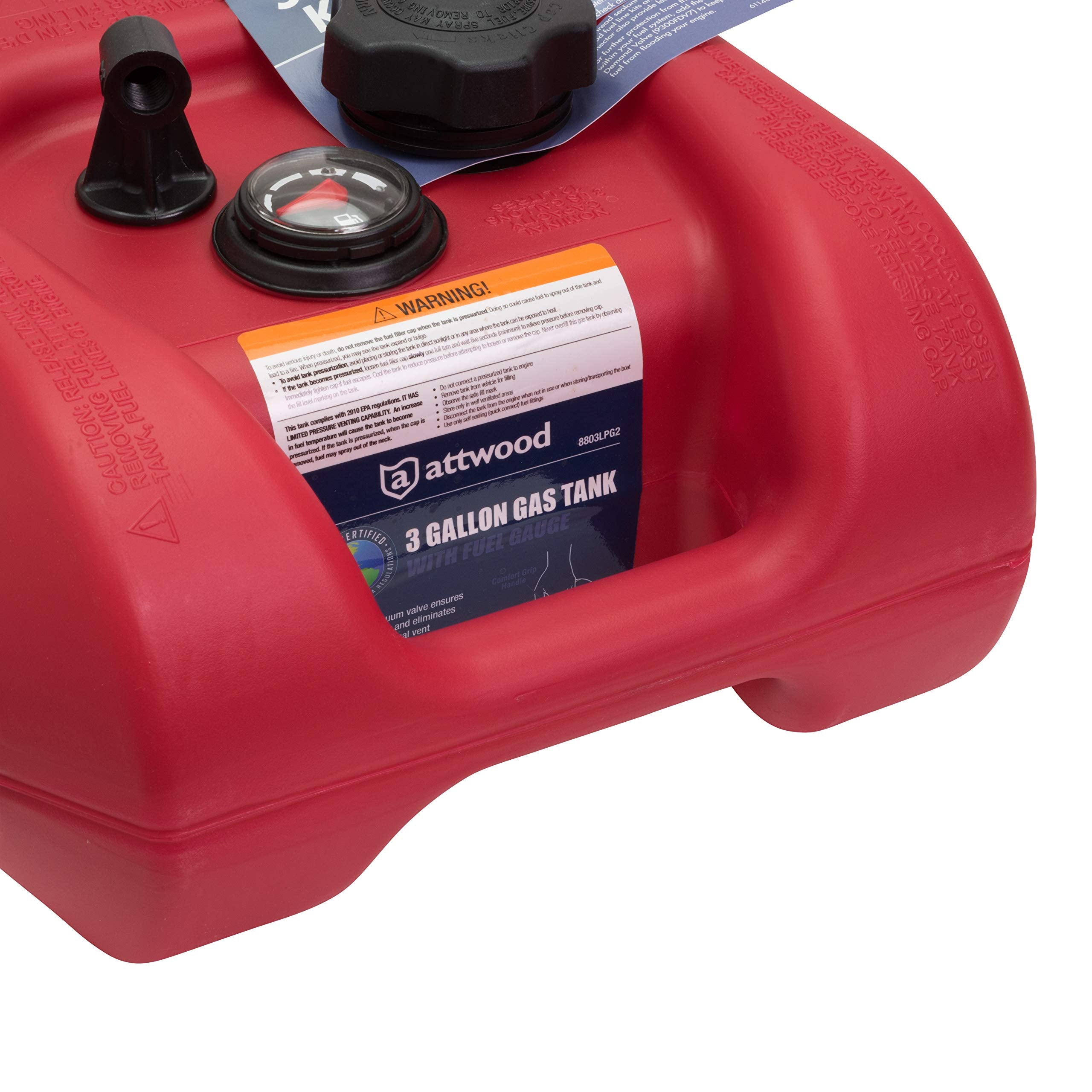 Attwood Portable Boat Gas Tank, 3 Gallon, EPA & CARB Certified, Red, Model 8803LPG2S