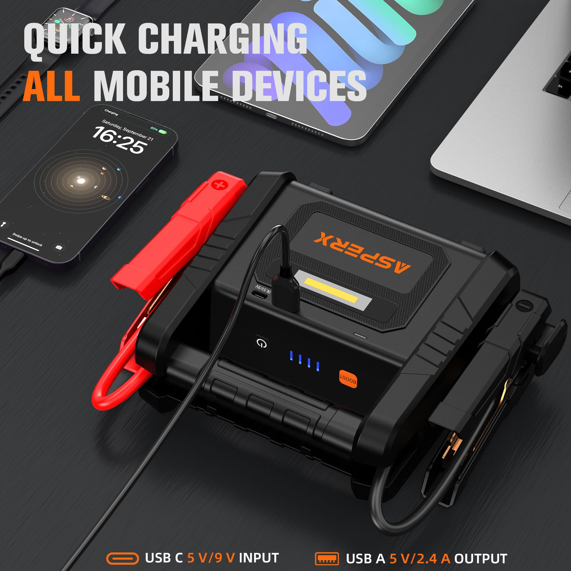 AsperX 6000A Car Jump Starter - Portable 12V Battery Charger with LED Flashlight, Jumper Cables, Model AX6000, Black