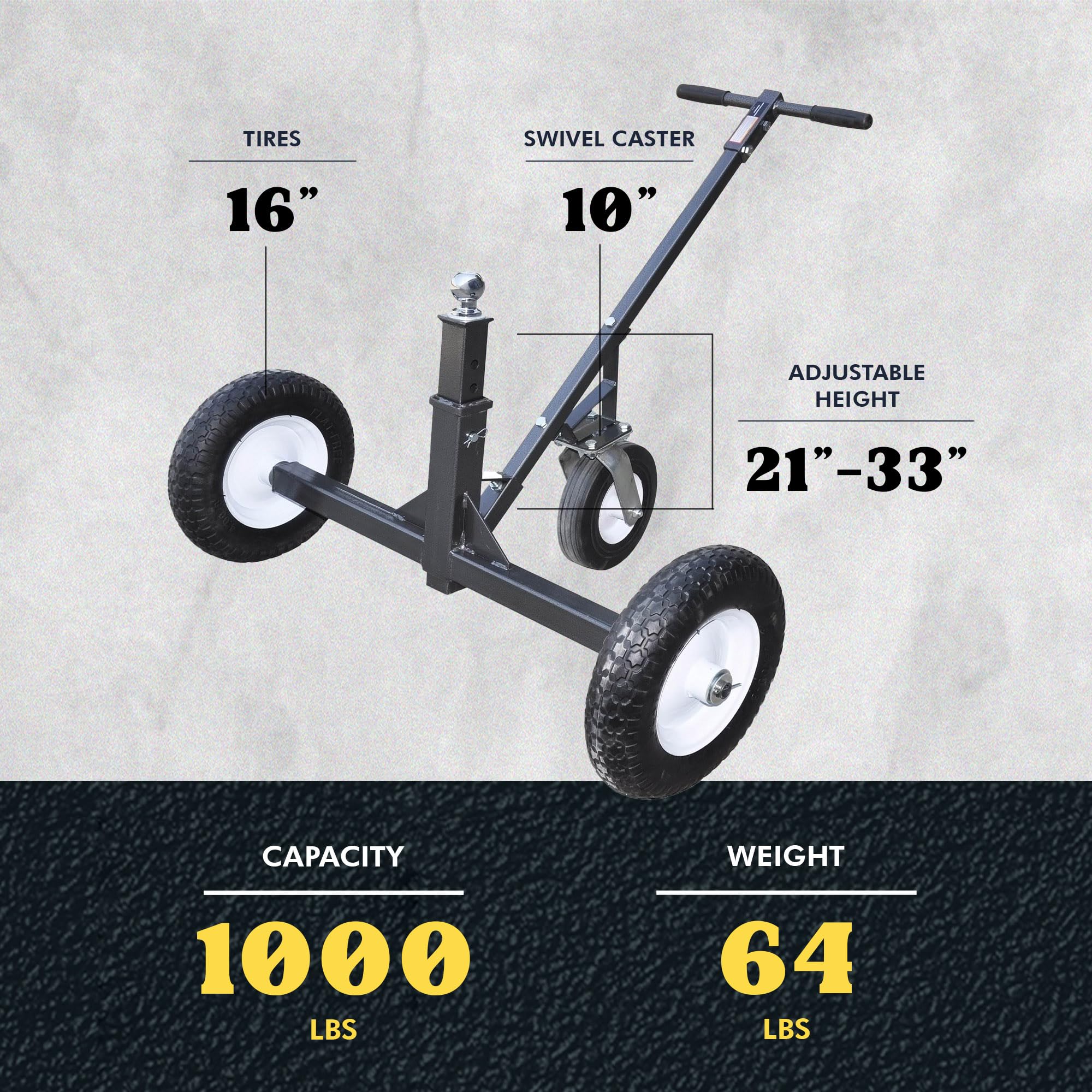 Tow Tuff Adjustable Heavy Duty Durable Steel Trailer Dolly with 10 Inch Swivel Caster, 1000 Pound Weight Capacity, and 16 Inch F