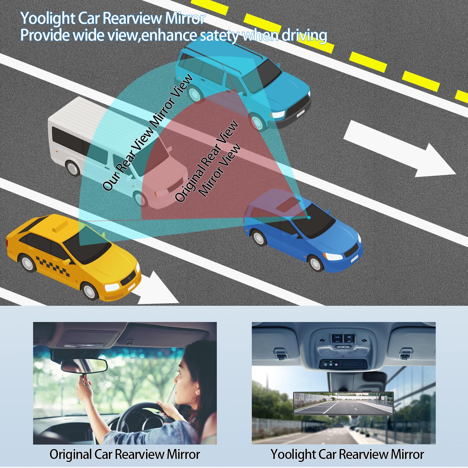 Yoolight Car Rearview Mirror - Universal 12" Panoramic Clip-On, Wide Angle, Black, Model 13, Durable ABS Material