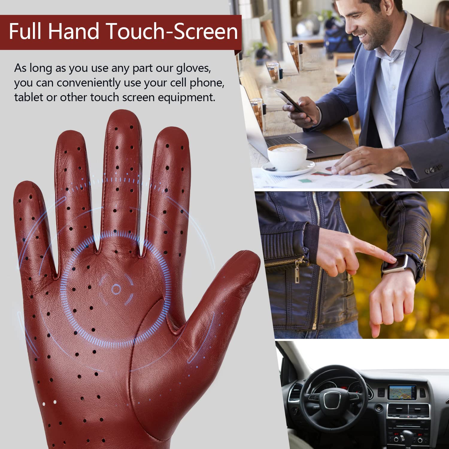 Gsg Men Genuine Leather Gloves Burgundy Red Unlined Biking Touchscreen Driving Gloves Medium Palm Hole