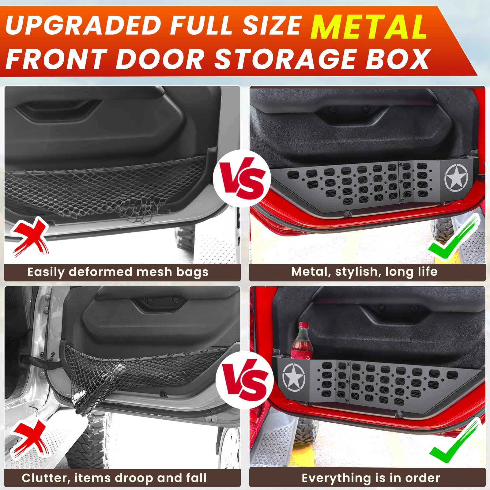 Metal Front Door Storage Box Pockets Fit for Jeep Wrangler,Door Side Insert Organizer for Jeep Wrangler JL JLU 4XE 2018-2025 & G