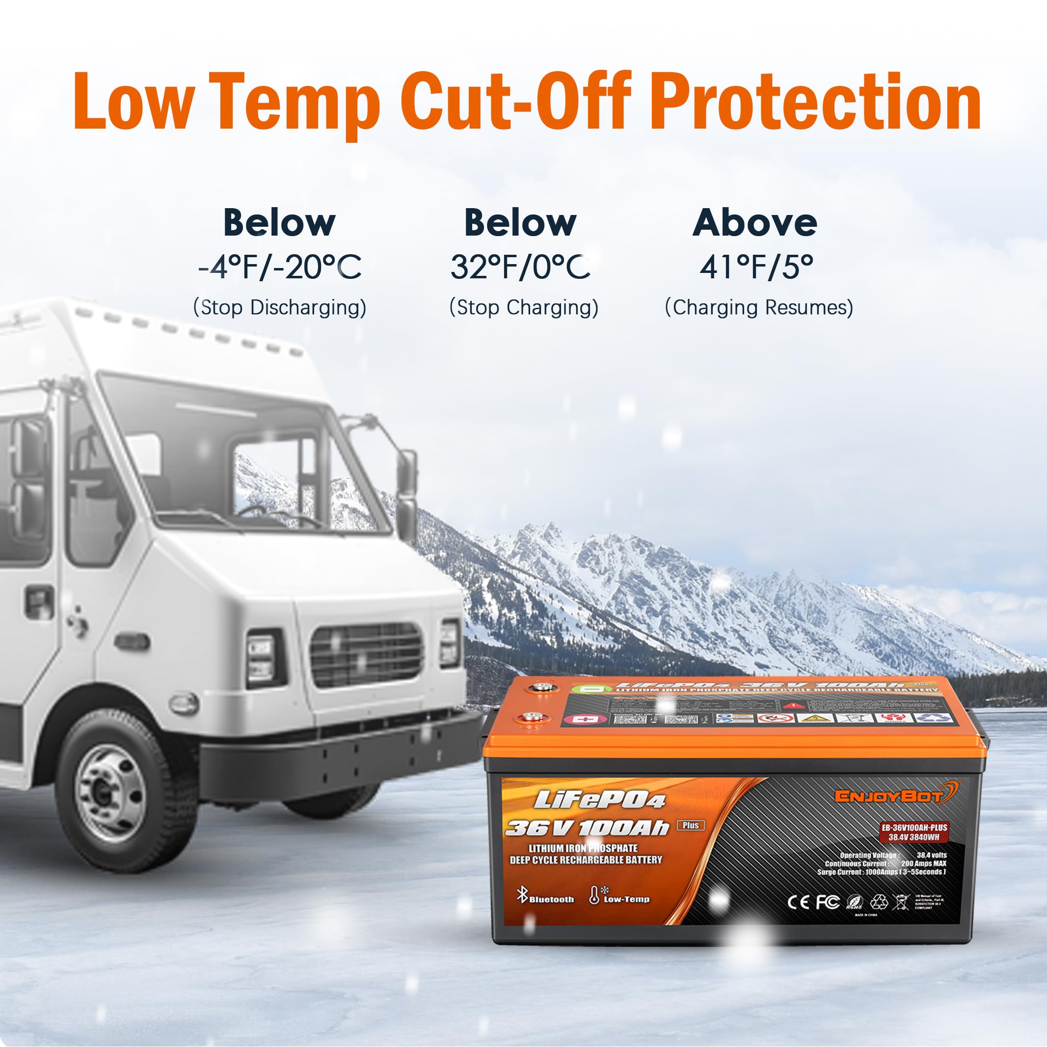 Enjoybot 36V 100Ah Plus LiFePO4 Lithium Battery with 200A BMS, Bluetooth, 2 Series Support, Low Temp Cut-Off, Ideal for Golf Cart/RV