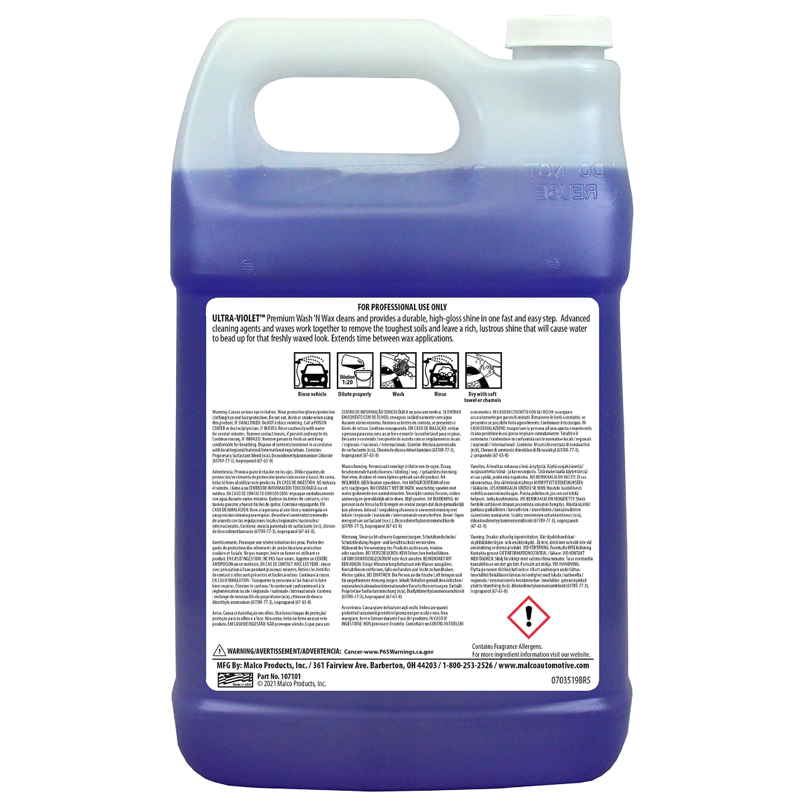 Malco Ultra Violet Premium Wash'n Wax - 2-In-1 Car Wash & Wax, 1 Gallon, High-Gloss Shine, Model 13