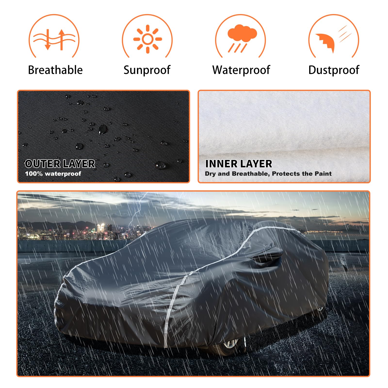 Coverado Waterproof Car Cover for Sports Cars, 173"-182", Black Cotton Lined, Heavy Duty Protection Against Rain, Snow, UV, Hail, Model CRCC3190T