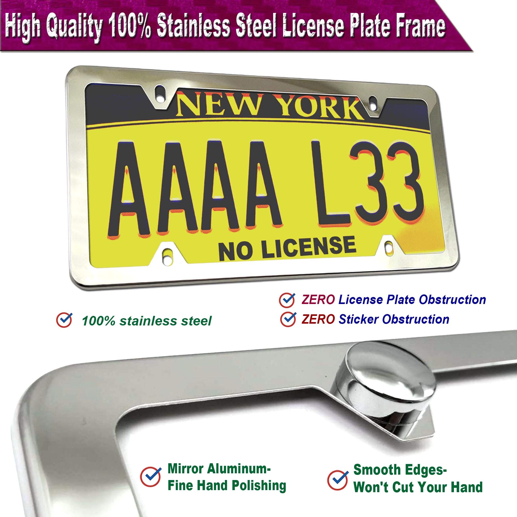 Zxfoog Front License Plate Mounting Kit- Front Bumper License Plate Bracket & Stainless Steel Car Tag Frame, Universal No Drilling Hole Adapter For Car/Truck/Trailer, With Screws Cap, Rattle Proof Pad