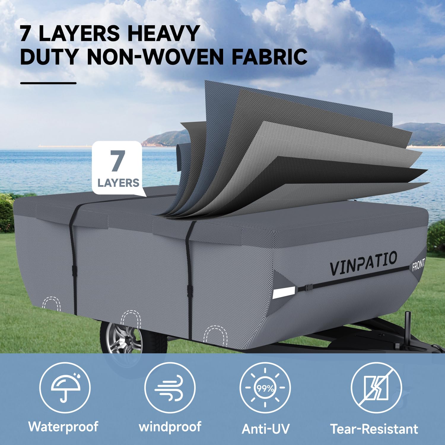 Vinpatio Pop Up Camper Cover: Folding Camper Tent Trailer Cover Fits 16'-18' Trailers, Waterproof & Anti-Uv Pop-Up Camper Cover