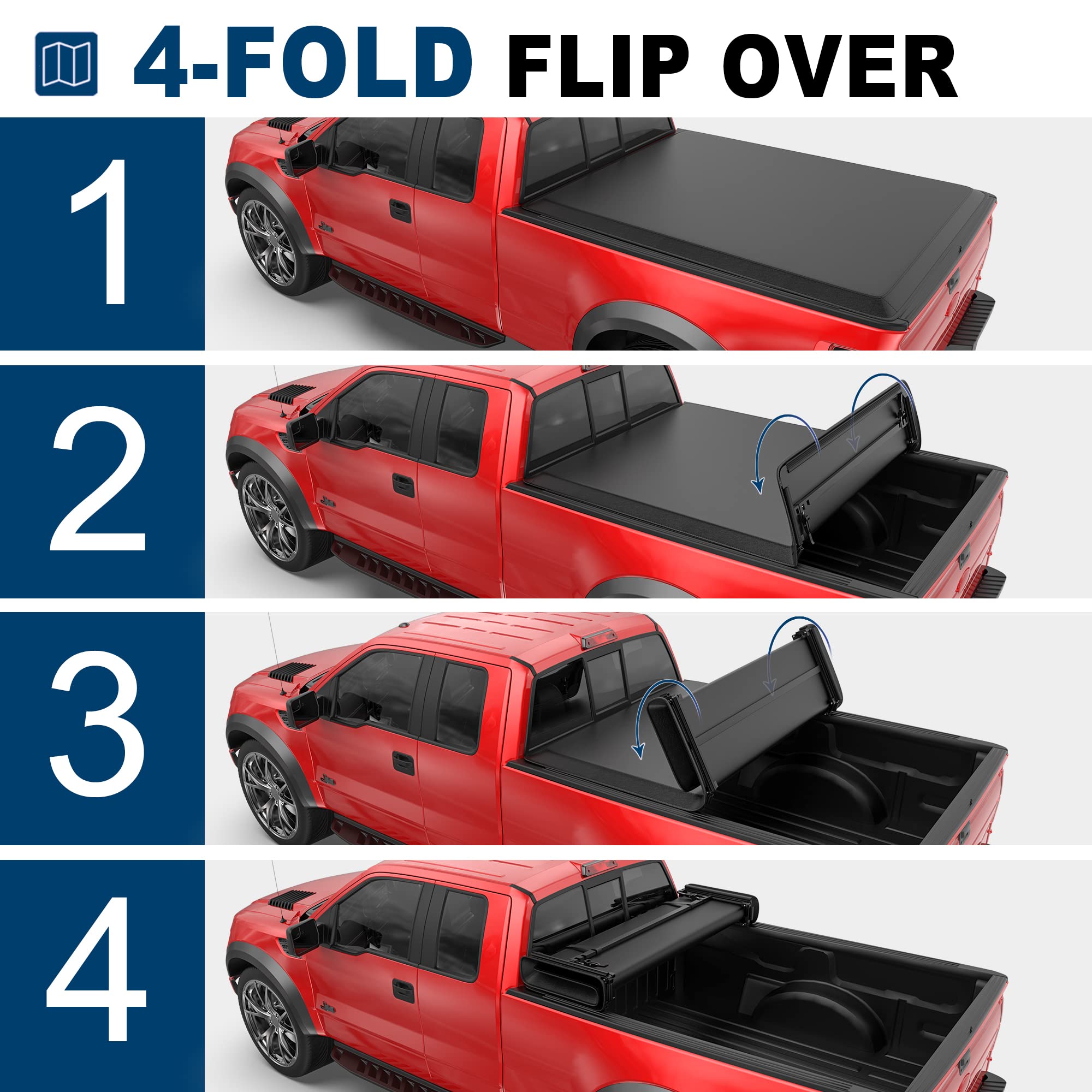 Mostplus Quad 4-Fold 6.5 Ft Soft Fold Truck Bed Tonneau Cover Compatible For 2009-2014 Ford F150 F-150 Styleside Fourth Fold (Ex