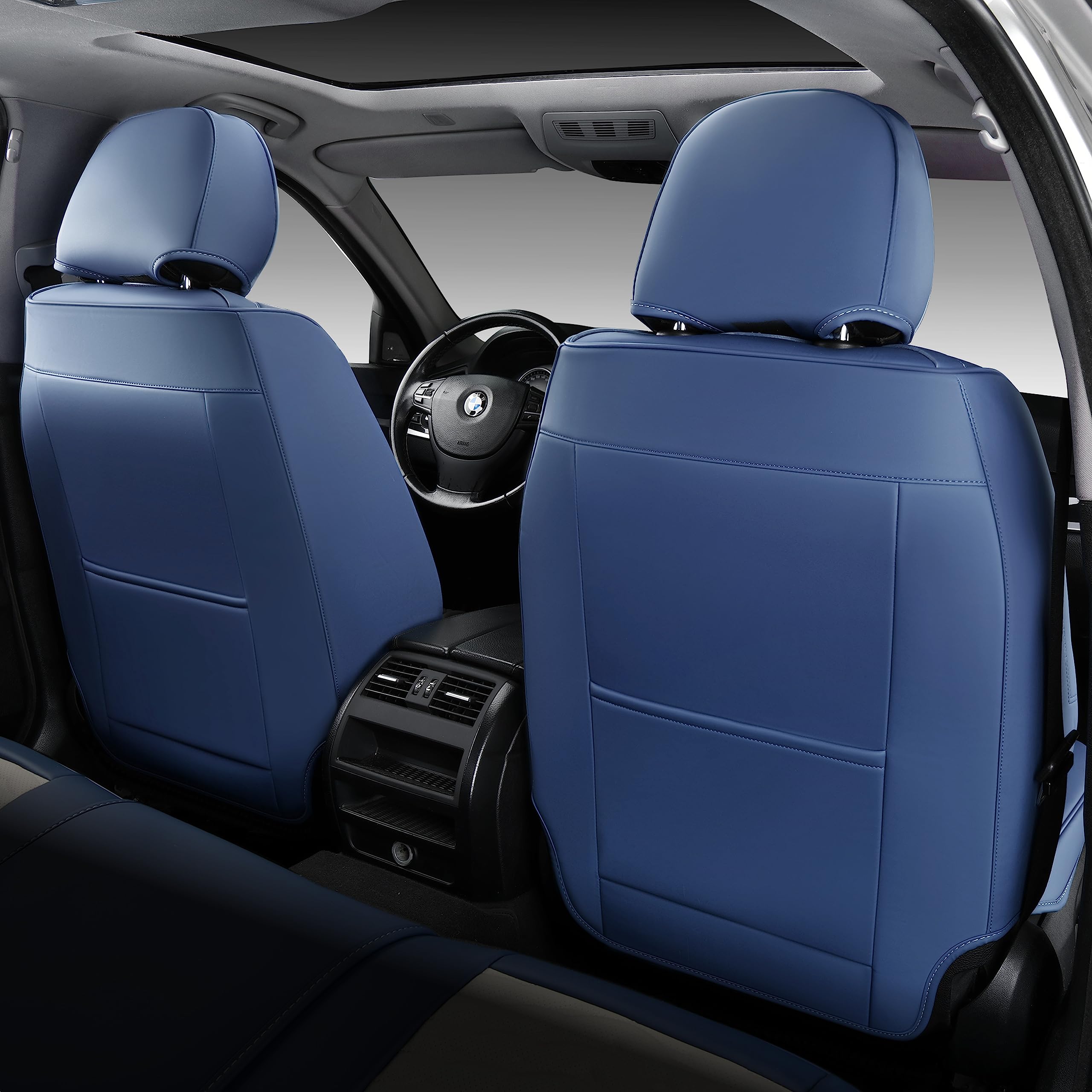 FLORICH Waterproof Faux Leather Car Seat Covers Full Set 5 Seats, Blue & White, Model SCU005 for Most Vehicles