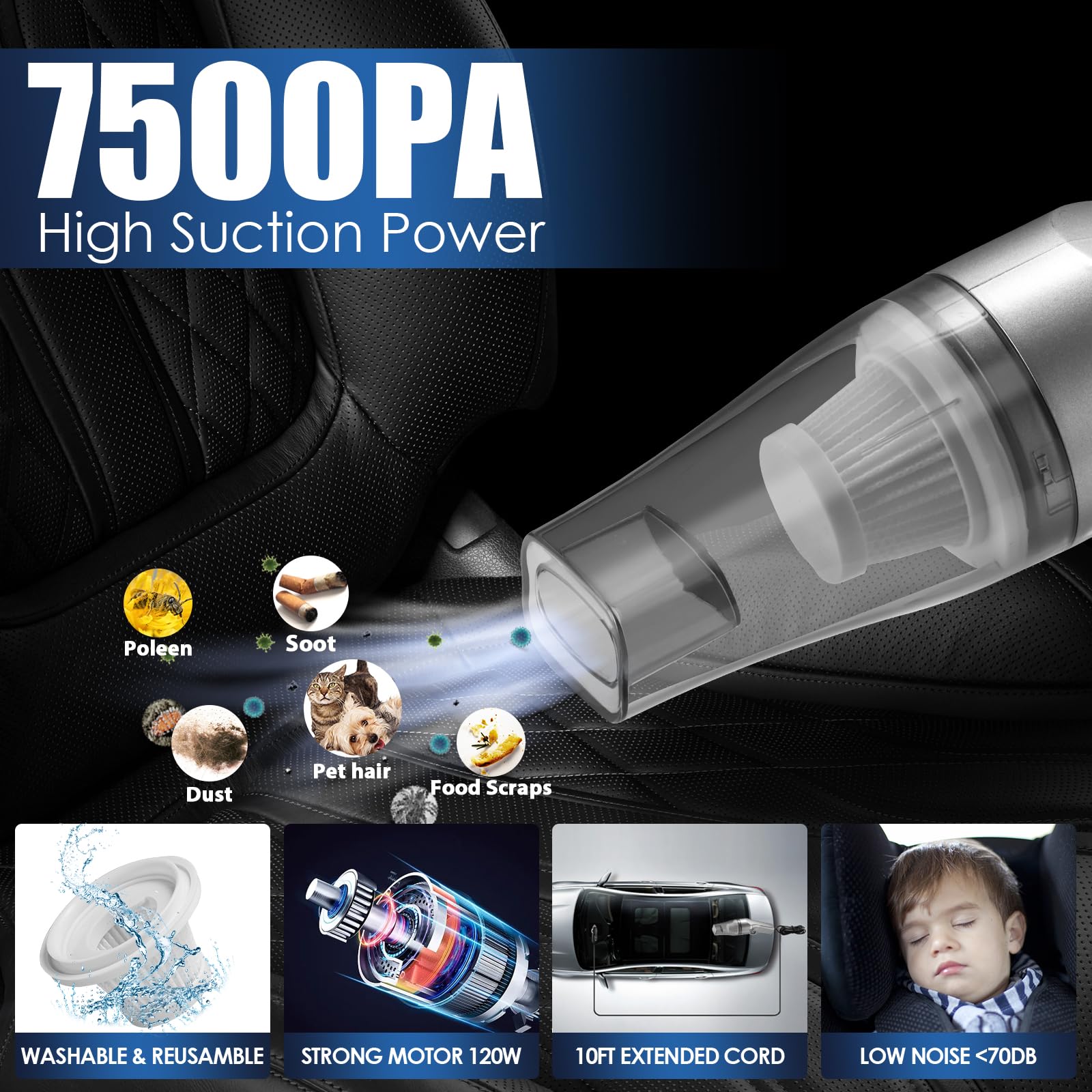 Viewsun Car Cleaning Kit 21Pcs - High Power Vacuum, Mop, Brushes, Grey, Model VS-LT0504