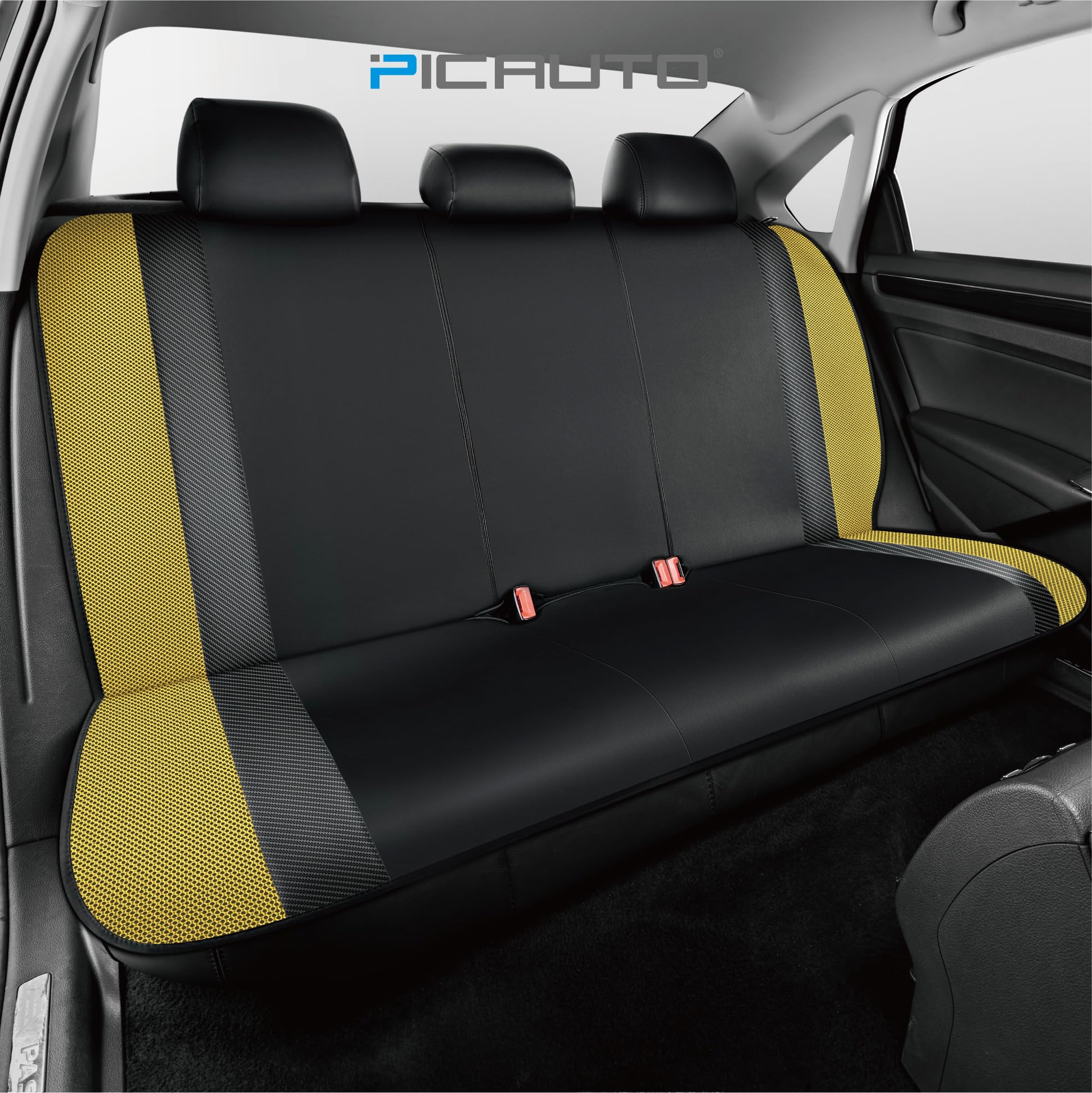 Pic Auto Leather Car Seat Covers, Sports Carbon Fiber & Mesh Design, High-Back Front & Rear Full Set, Waterproof Automotive Seat