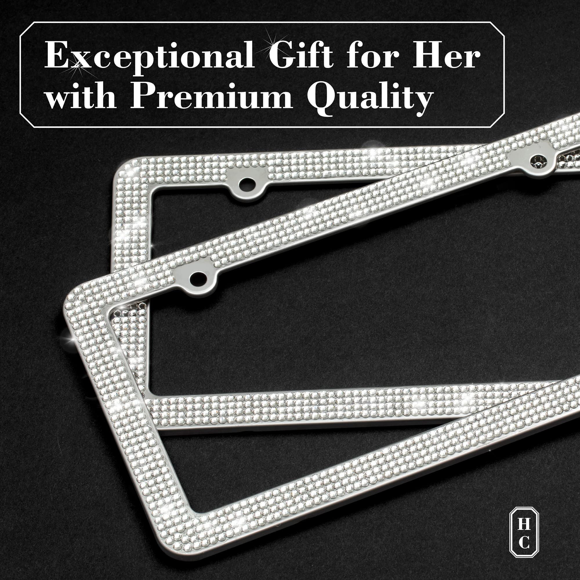 Handcrafted Rhinestone Bling License Plate Frames For Women, Men | 2 Pack Bedazzled Cover With Glittery Screw Caps | Stainless Steel Clear Crystal Sparkle License Plate Frame/Cover (Crystal)