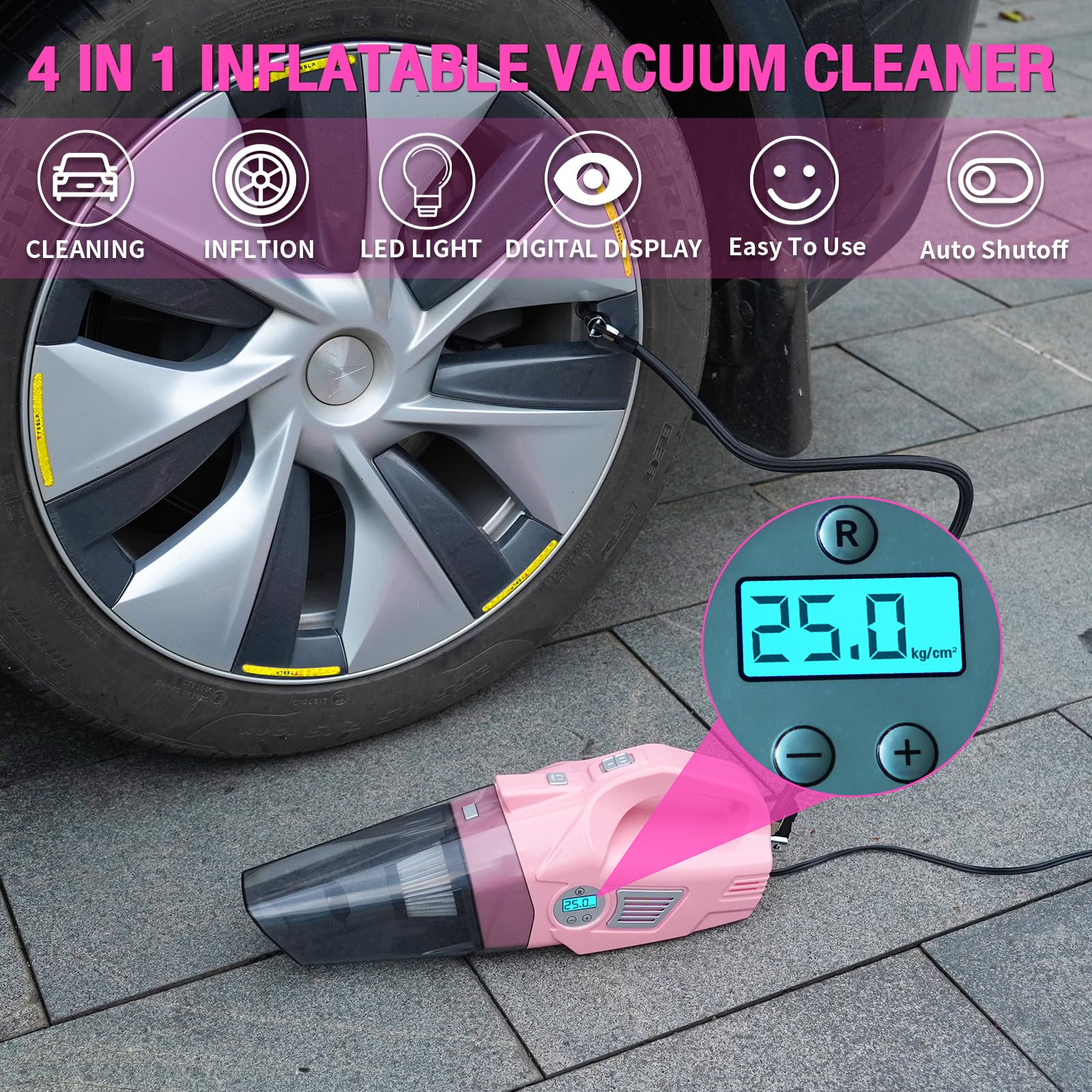 Vioview Roadside Emergency Car Safety Kit, With 4-In-1 Inflatable Car Vacuum Cleaner, Pink Jumper Cables, First Aid Kit, Tow Rop
