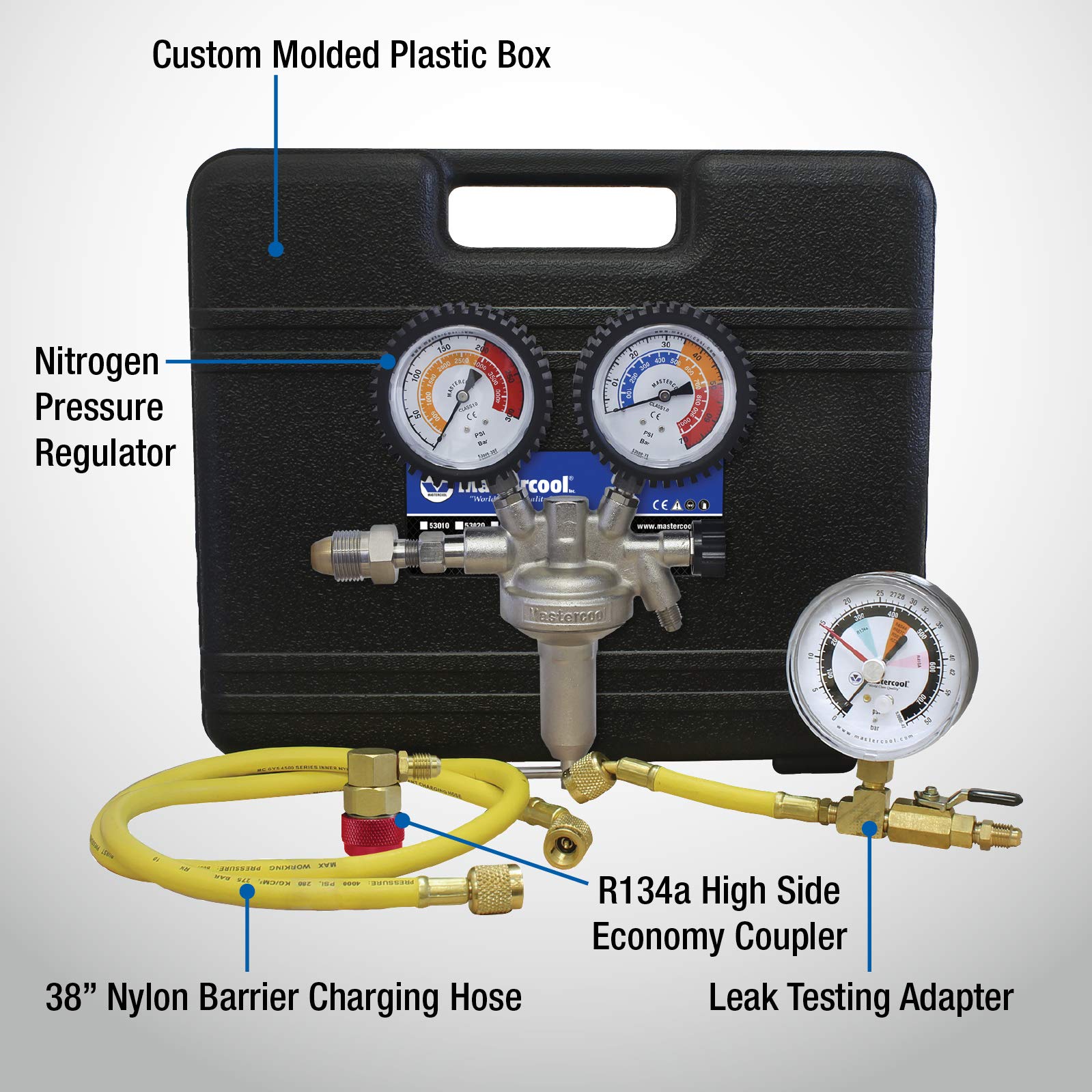 Mastercool Automotive Pressure Testing Kit | Nitrogen Regulator, R134a Coupler, Stainless Steel | Professional Grade | Black
