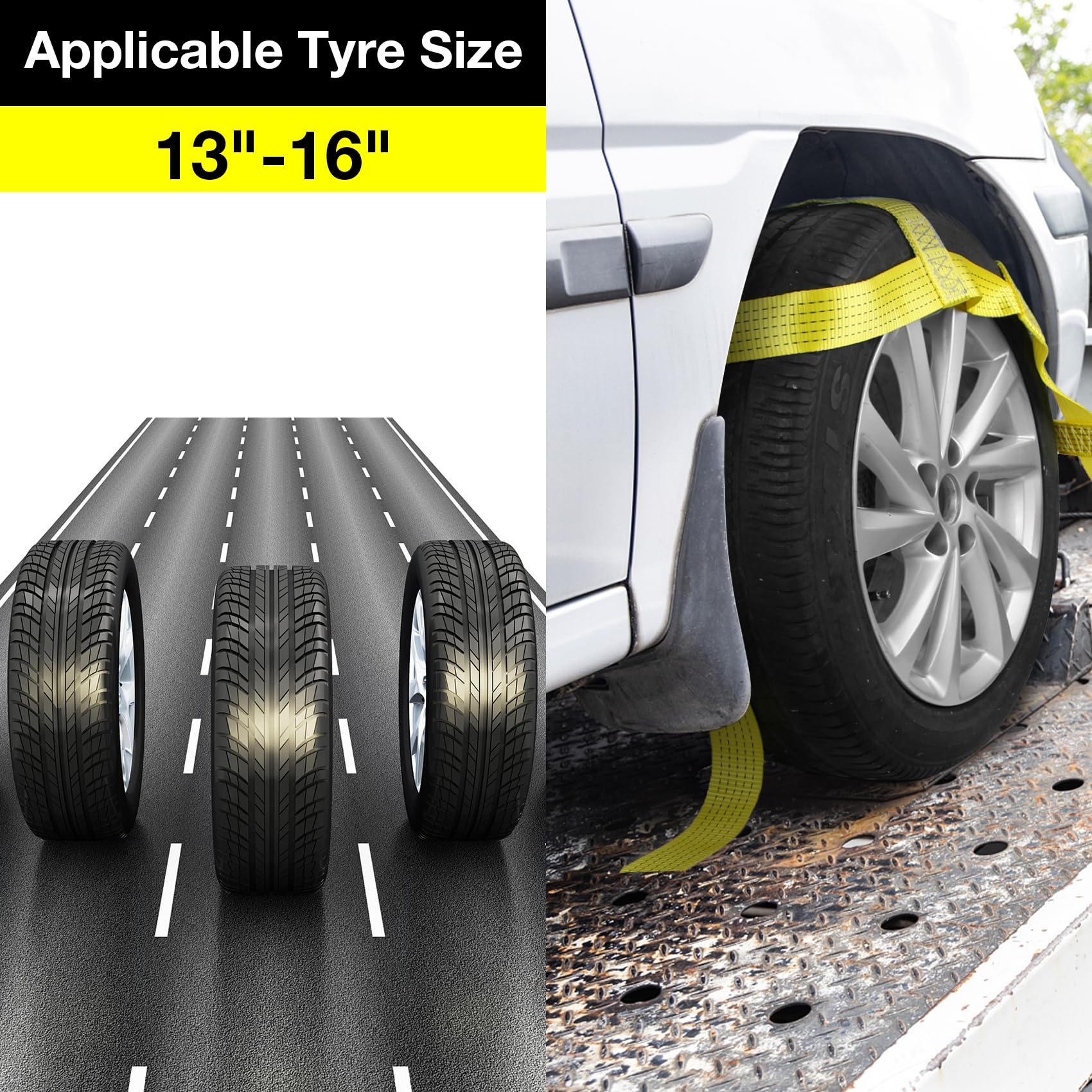 Sumpluct Tow Dolly Basket Straps, Heavy Duty Tire Tie Down Kit, 2 Pack, Fits 13"-16", Yellow, Model TCD-02