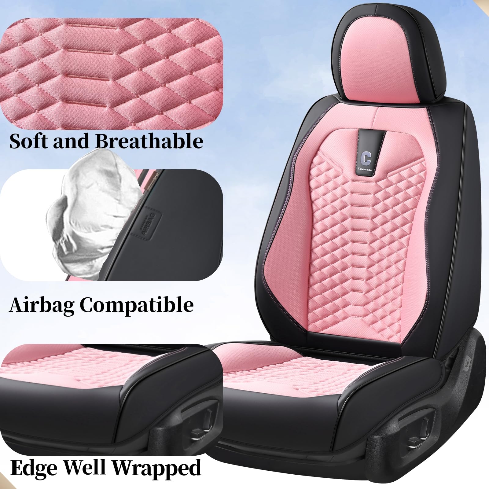 Coverado Front Seat Covers, 2 Pcs Pink Seat Cover Universal Seat Cover For Cars, Breathable Fabric& Faux Leather Seat Cover, Aut