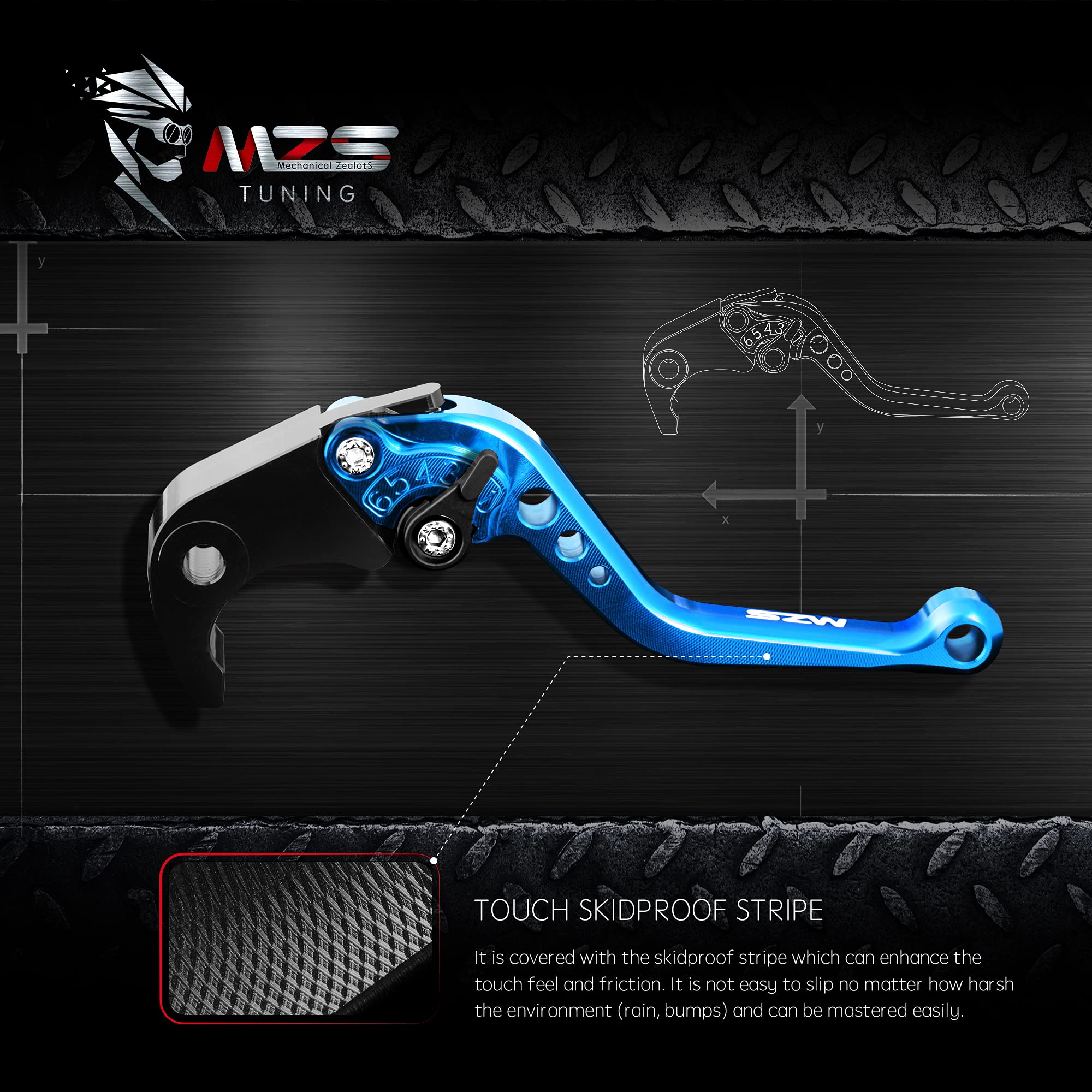 MZS Adjustable Blue Motorcycle Brake Clutch Levers - Aluminum, Short, Compatible with GROM, CBR250R, CBR300R, CBR500R, Model PT-2526-B
