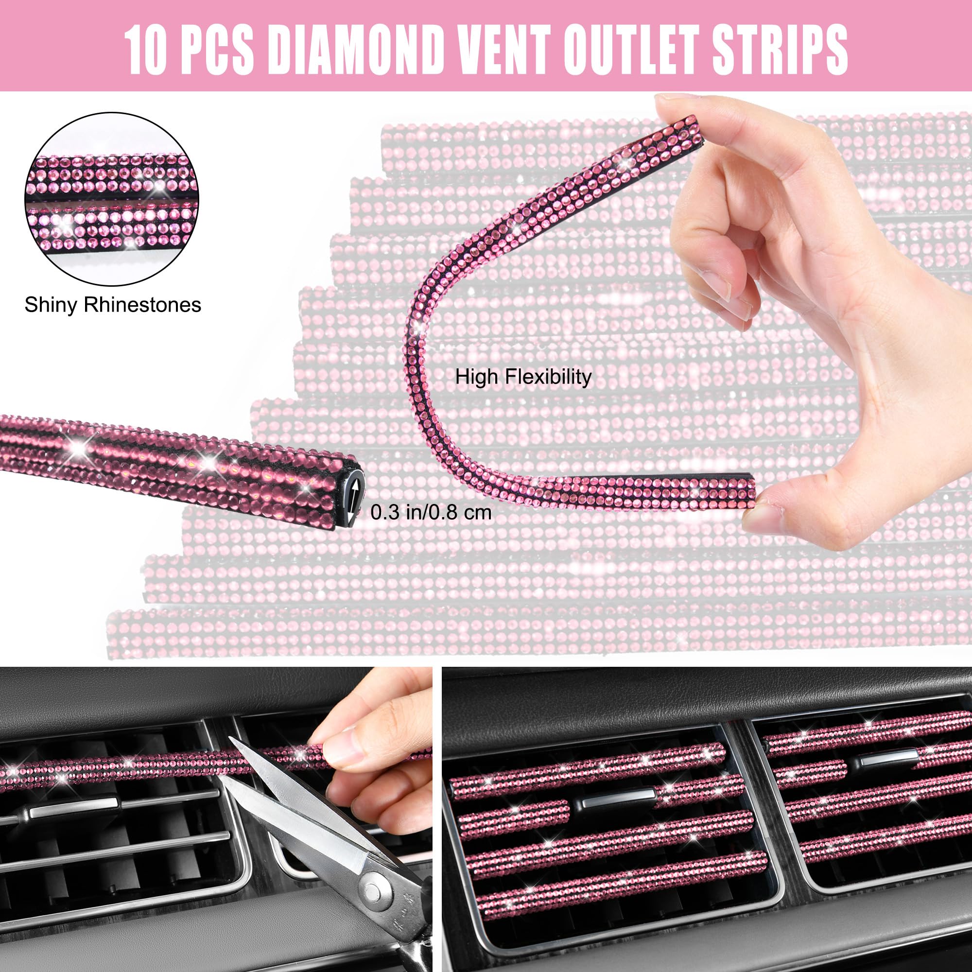 Car Pass Pink Bling Car Accessories Set For Women, Sparkly Rhinestone Diamond Steering Wheel Cover Set Seat Belt Cushion Glitter