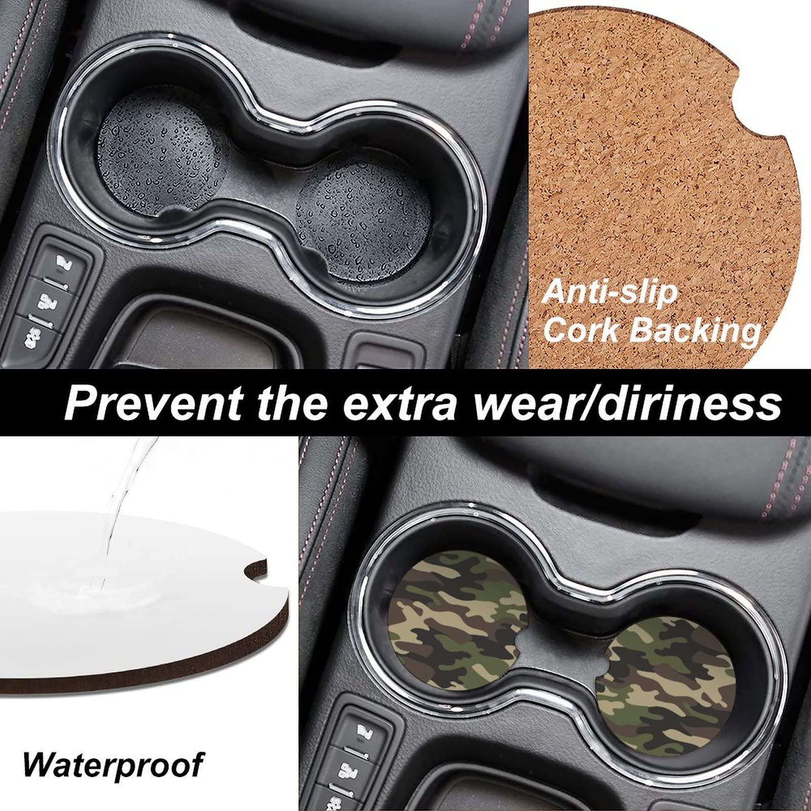 Absorbent Car Cupholder Coaster 2 Pack,Ceramic Stone Coaster With A Finger Notch For Women & Lady,Cork Base Drink Coasters 2.56 Inch,Cute Auto Accessories Gifts - Green Camouflage Camo